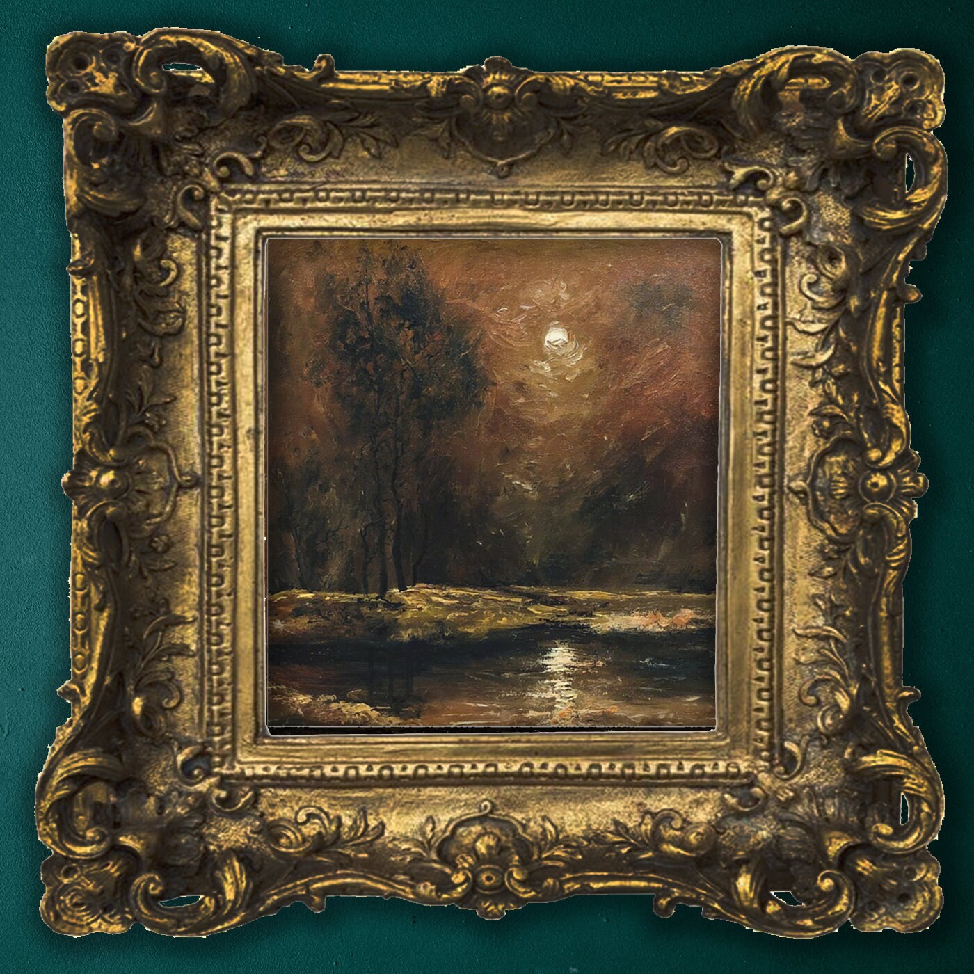 Dark Moody Landscape - Paper Print oil painting. Moonlit Night Landscape Dark Academia decor wall art. Tonalism painting
