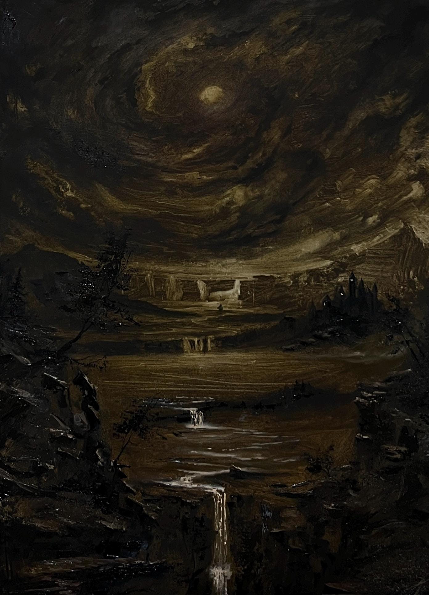 20x28 inch Original Oil Painting landscape on canvas. Mystery moonlit fantasy art. Handmade artwork. Nostalgia Dark Painting. Waterfalls art