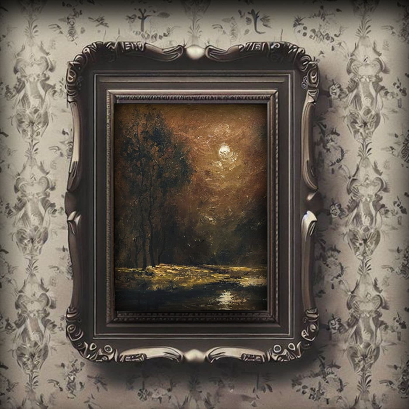 Dark Moody Landscape - Paper Print oil painting. Moonlit Night Landscape Dark Academia decor wall art. Tonalism painting