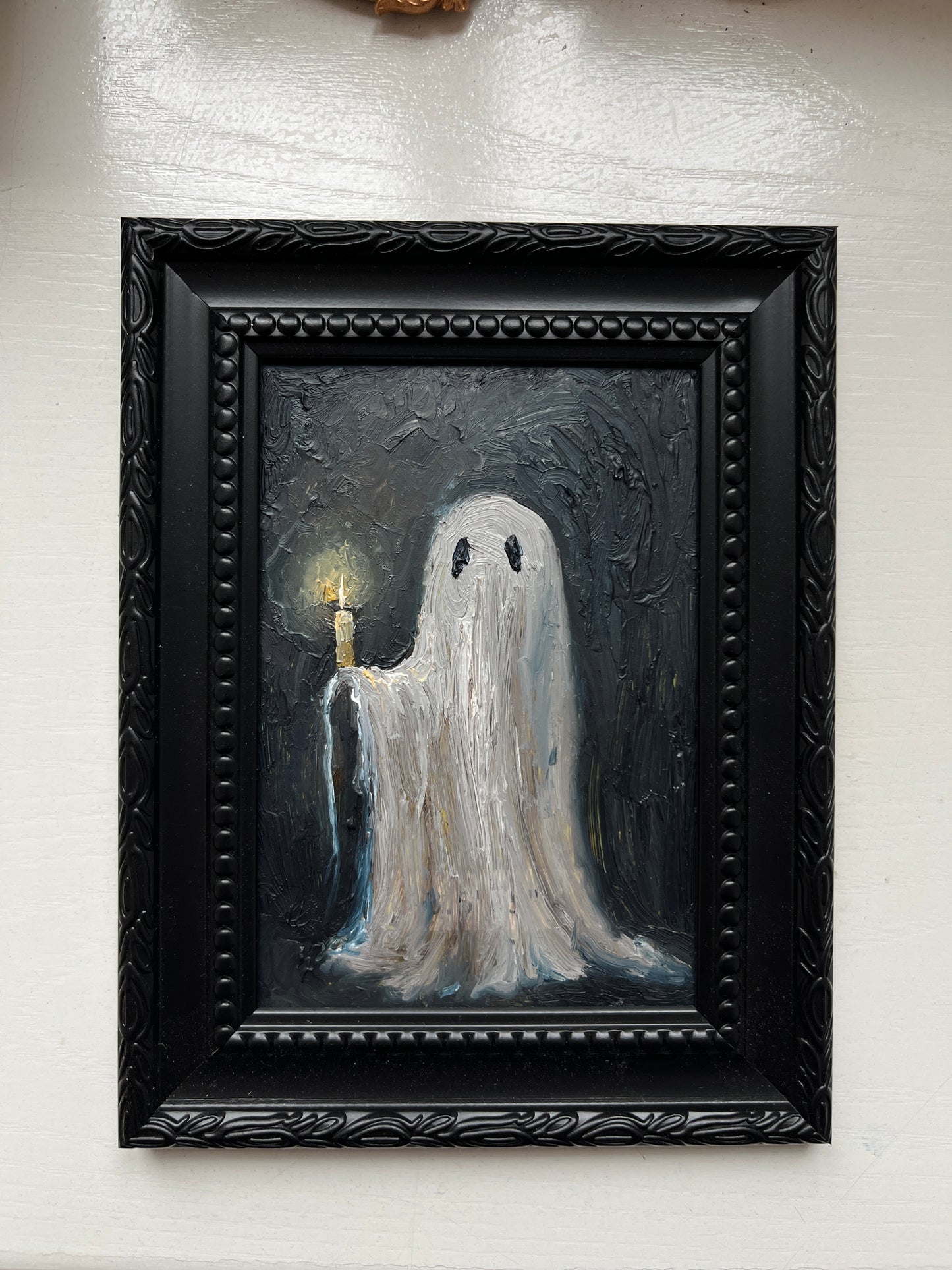 Ghost holds a candle- Original Framed Painting 3,5x5 inch