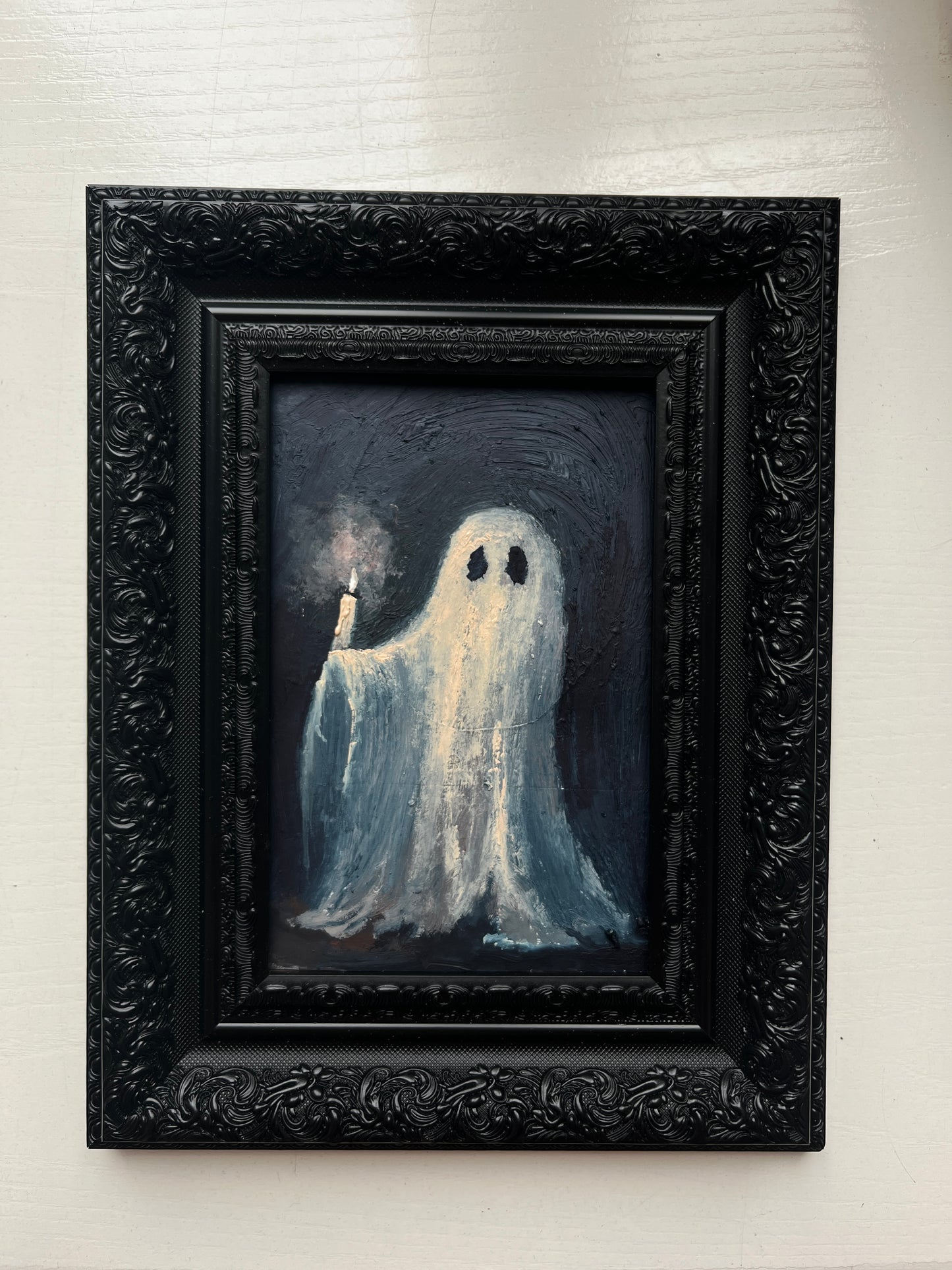 Ghost holds a candle- Original Framed Oil Painting 4X6 inch for victorian gothic wall decor