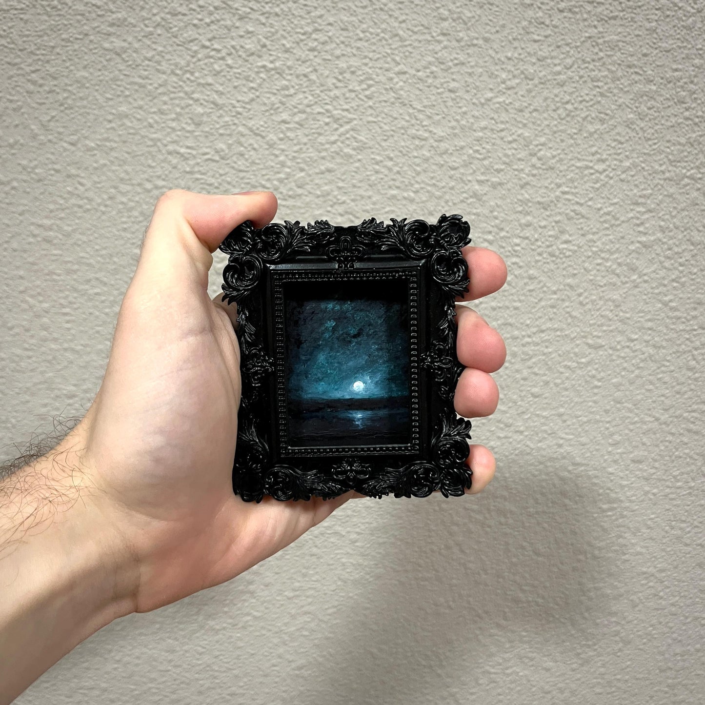 Nocturne Tide – Gothic Miniature Oil Painting | Dark Academia Moonlit Seascape | Framed Original Art