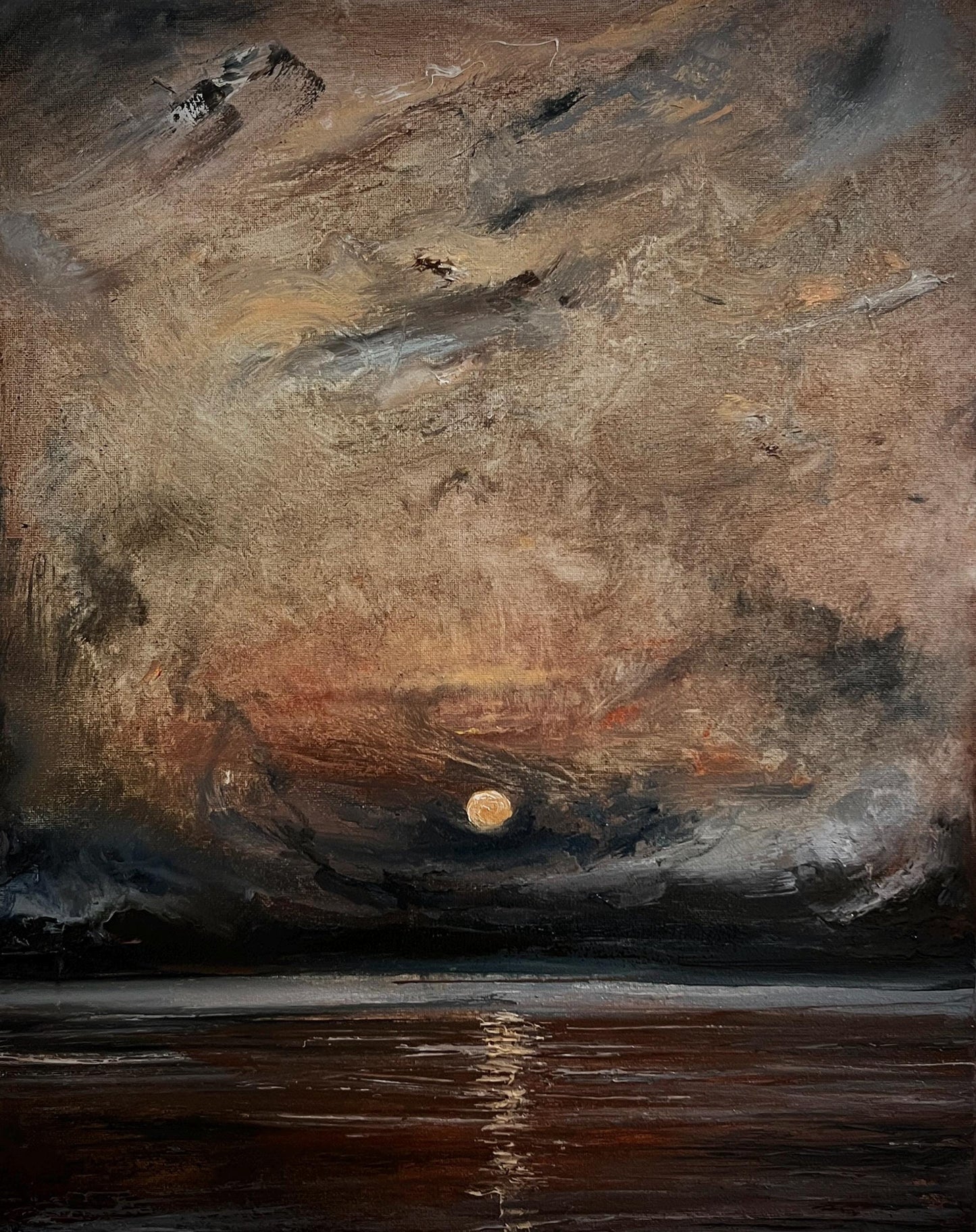 Dusk's Embrace – Original Oil Painting – Moody Sunset Over Water – 40x50 cm
