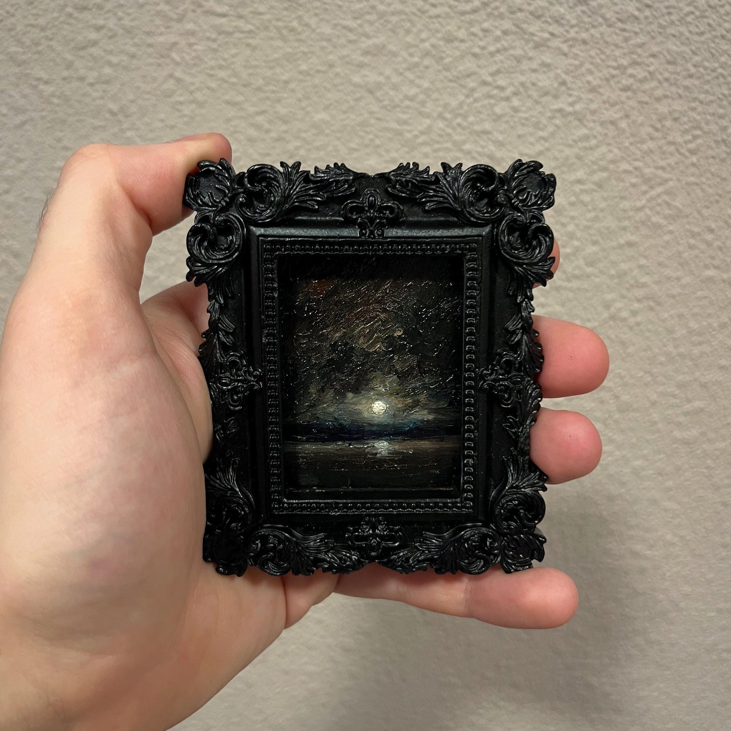 Framed Dark Academia Mini Oil Painting | Gothic Moonlit Seascape Art | Black Ornate Frame