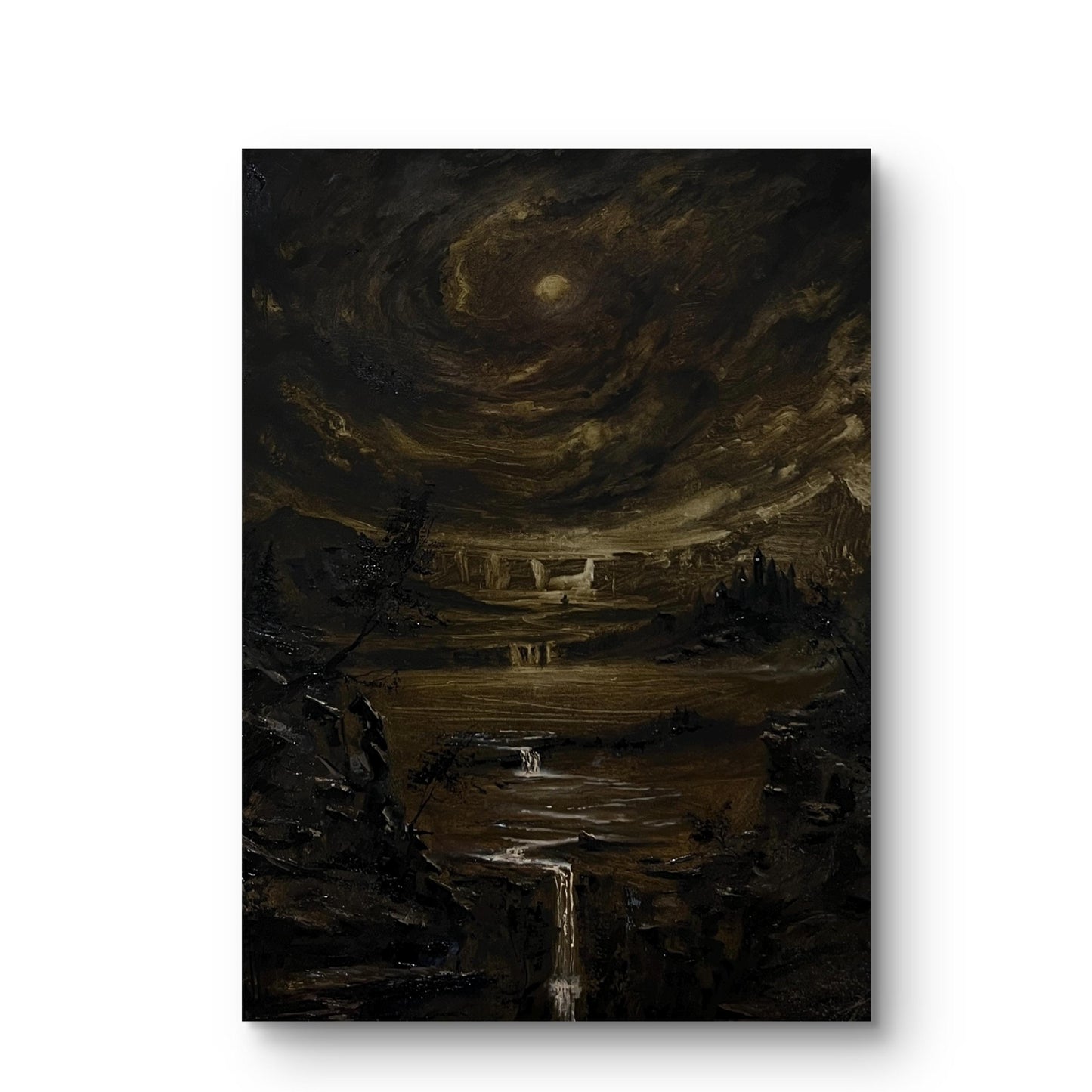 20x28 inch Original Oil Painting landscape on canvas. Mystery moonlit fantasy art. Handmade artwork. Nostalgia Dark Painting. Waterfalls art