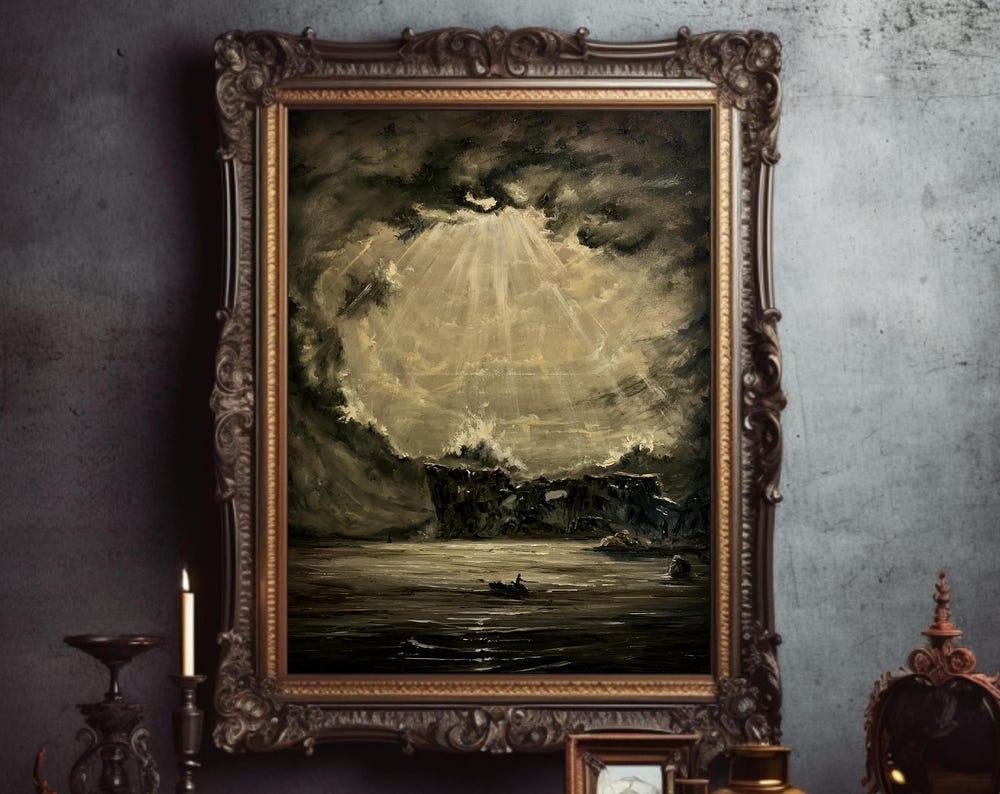 Dark academia oil painting with stormy seascape, ornate frame, and dramatic lighting