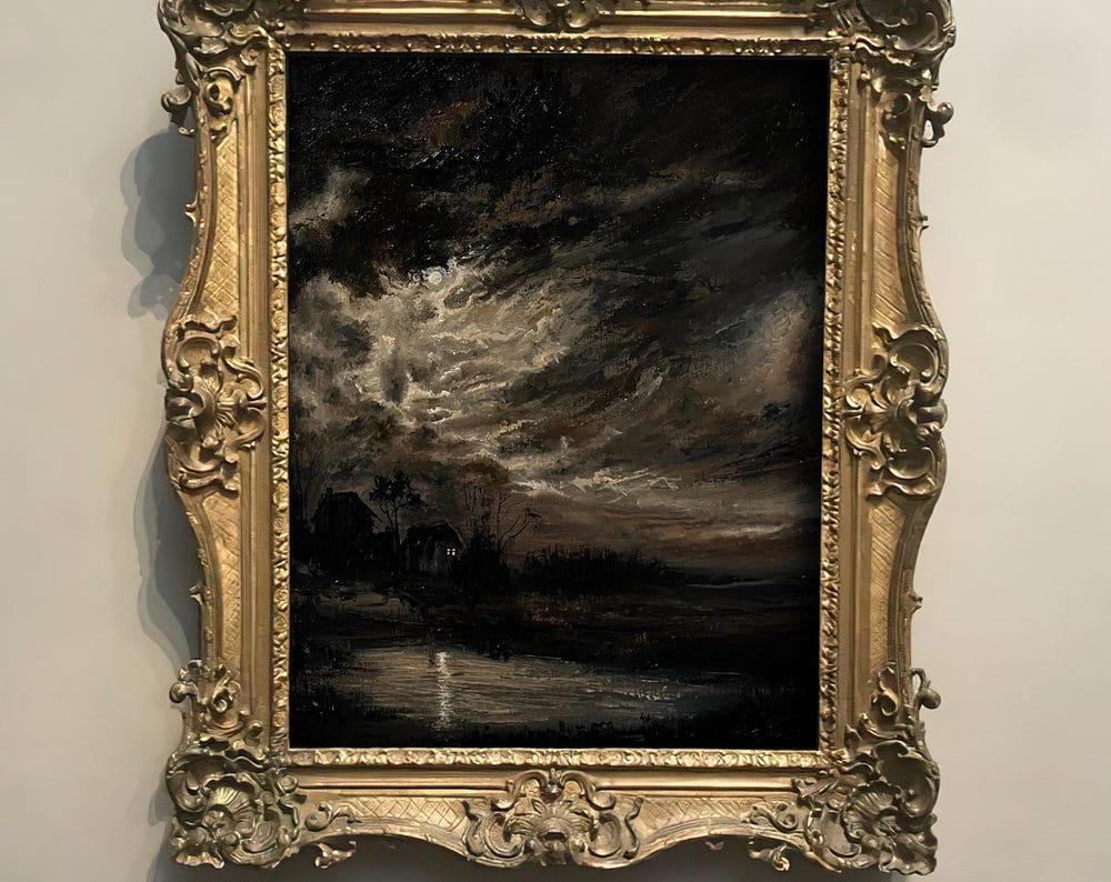 Dark academia oil painting of moody night landscape with moonlit clouds, framed in ornate gold