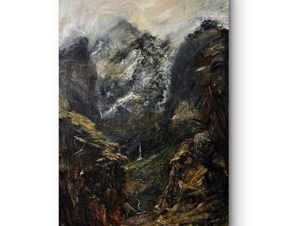 Dark academia oil painting of moody mountain landscape with dramatic shadows and textured brushstrokes