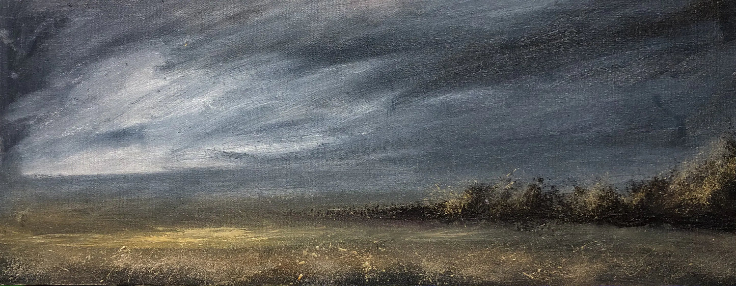 Moody panoramic landscape original oil painting, 8x20 inch tonalism wall art by Mikhail Khalin