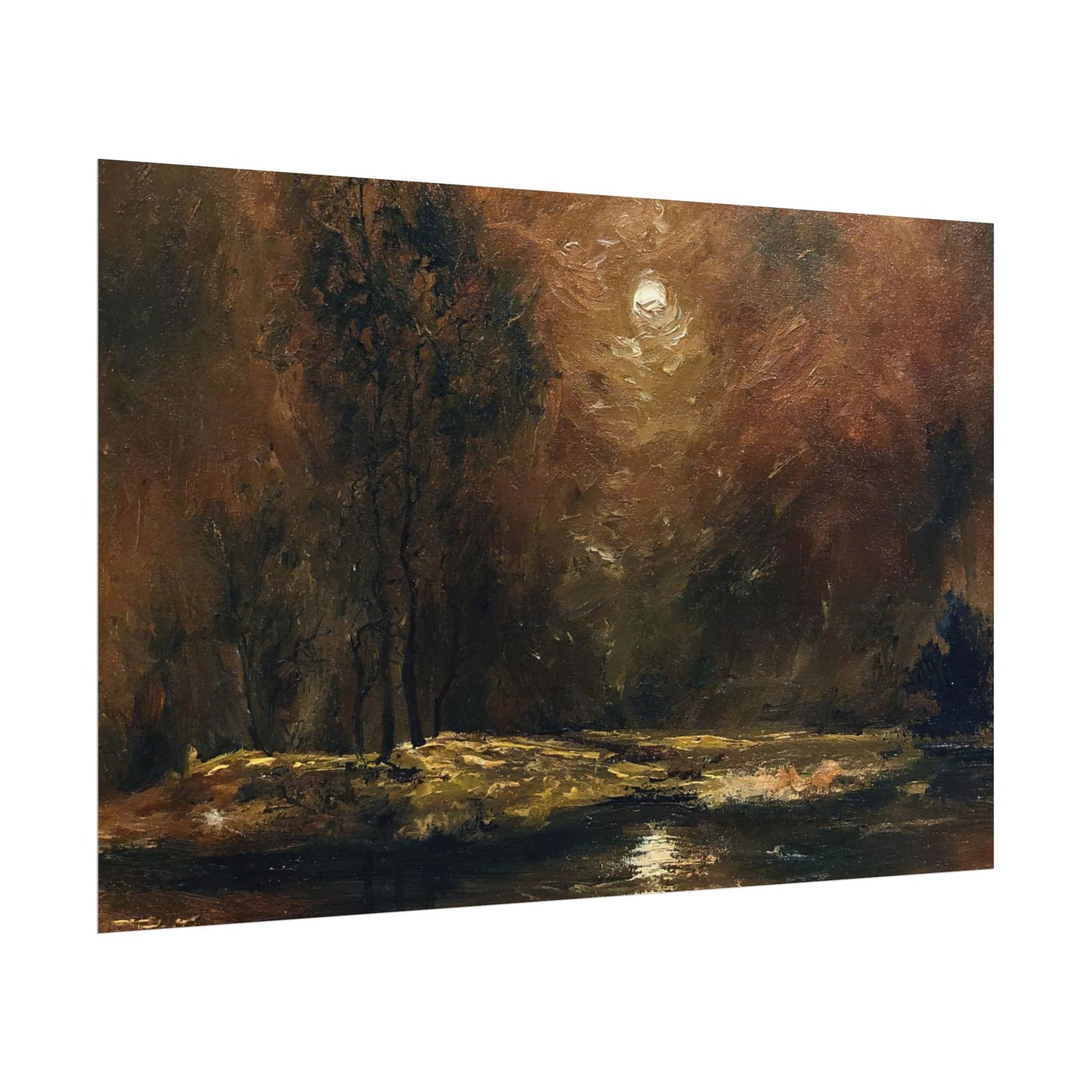 Dark Moody Landscape - Paper Print oil painting. Moonlit Night Landscape Dark Academia decor wall art. Tonalism painting