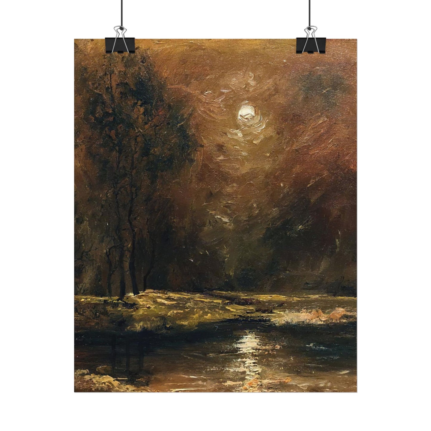 Dark Moody Landscape - Paper Print oil painting. Moonlit Night Landscape Dark Academia decor wall art. Tonalism painting