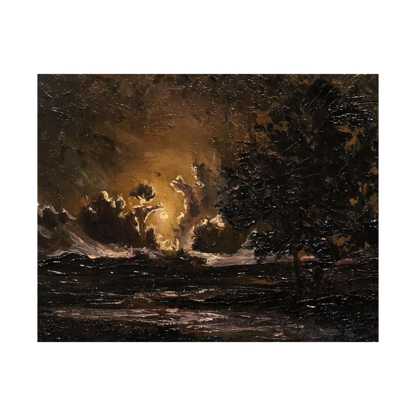 Moody Moonlit Landscape - Paper Print Oil Painting on Canvas. Dark Academia decor wall art. Victorian decor art
