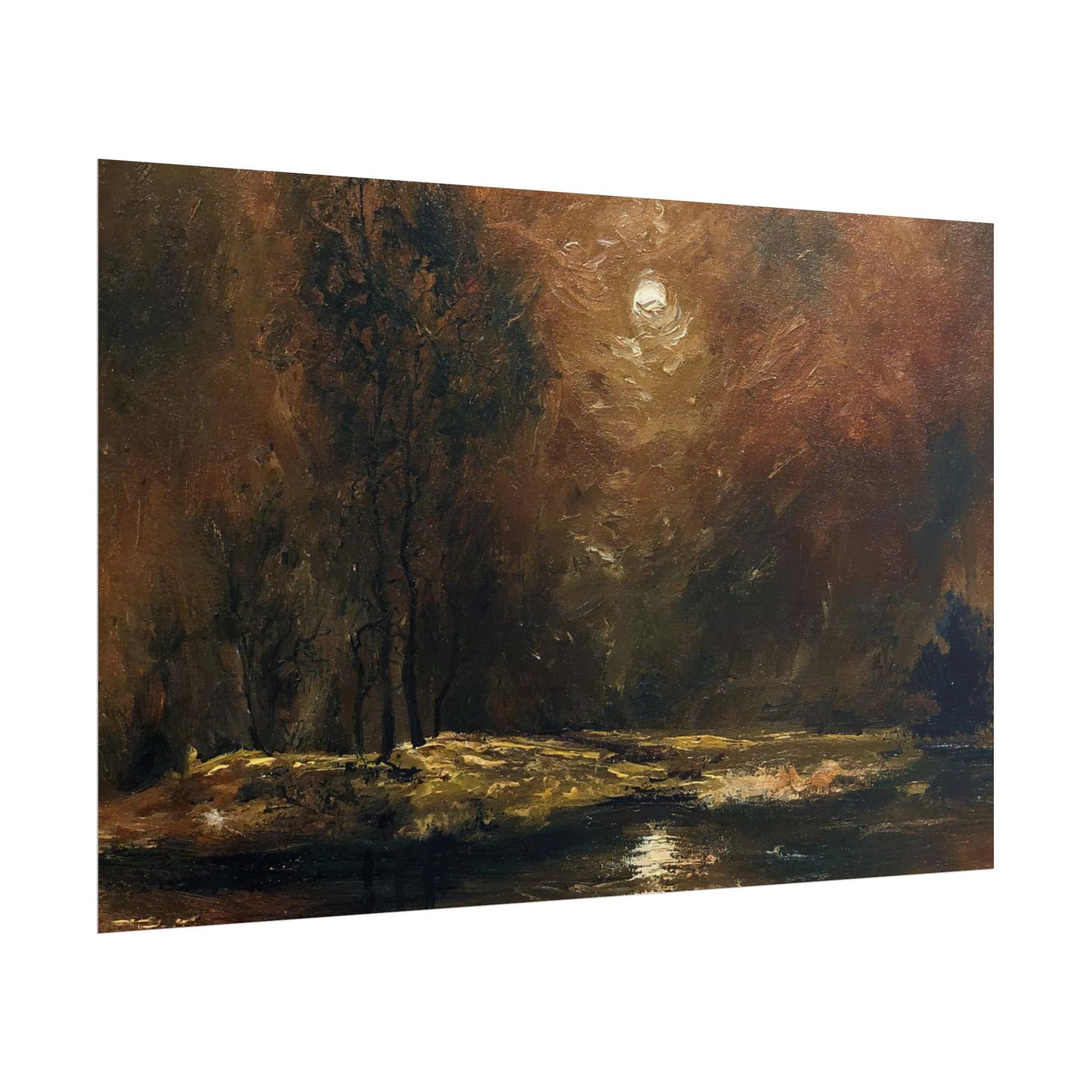 Dark Moody Landscape - Paper Print oil painting. Moonlit Night Landscape Dark Academia decor wall art. Tonalism painting