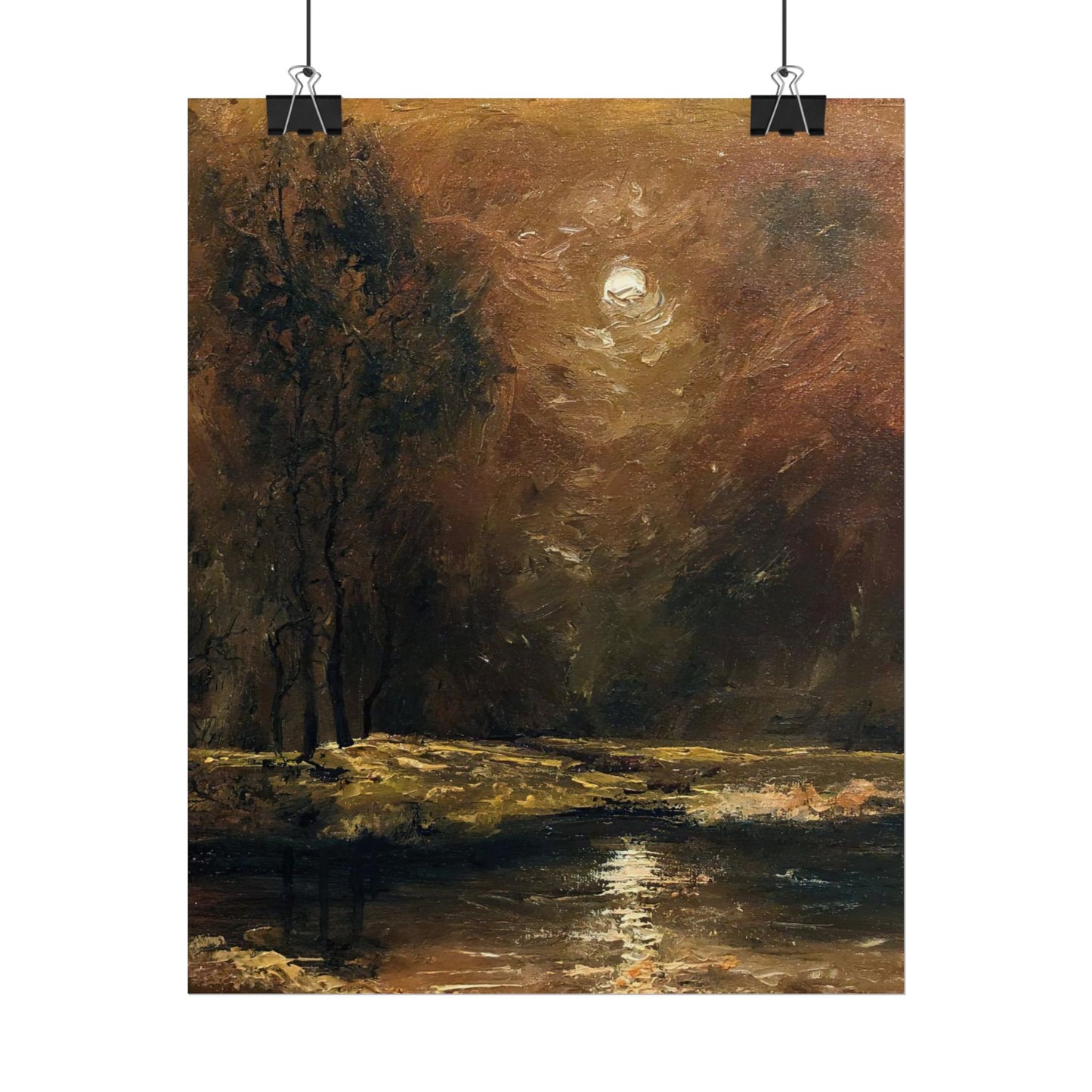 Dark Moody Landscape - Paper Print oil painting. Moonlit Night Landscape Dark Academia decor wall art. Tonalism painting
