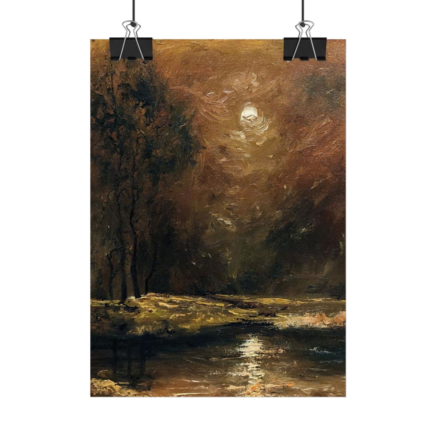 Dark Moody Landscape - Paper Print oil painting. Moonlit Night Landscape Dark Academia decor wall art. Tonalism painting
