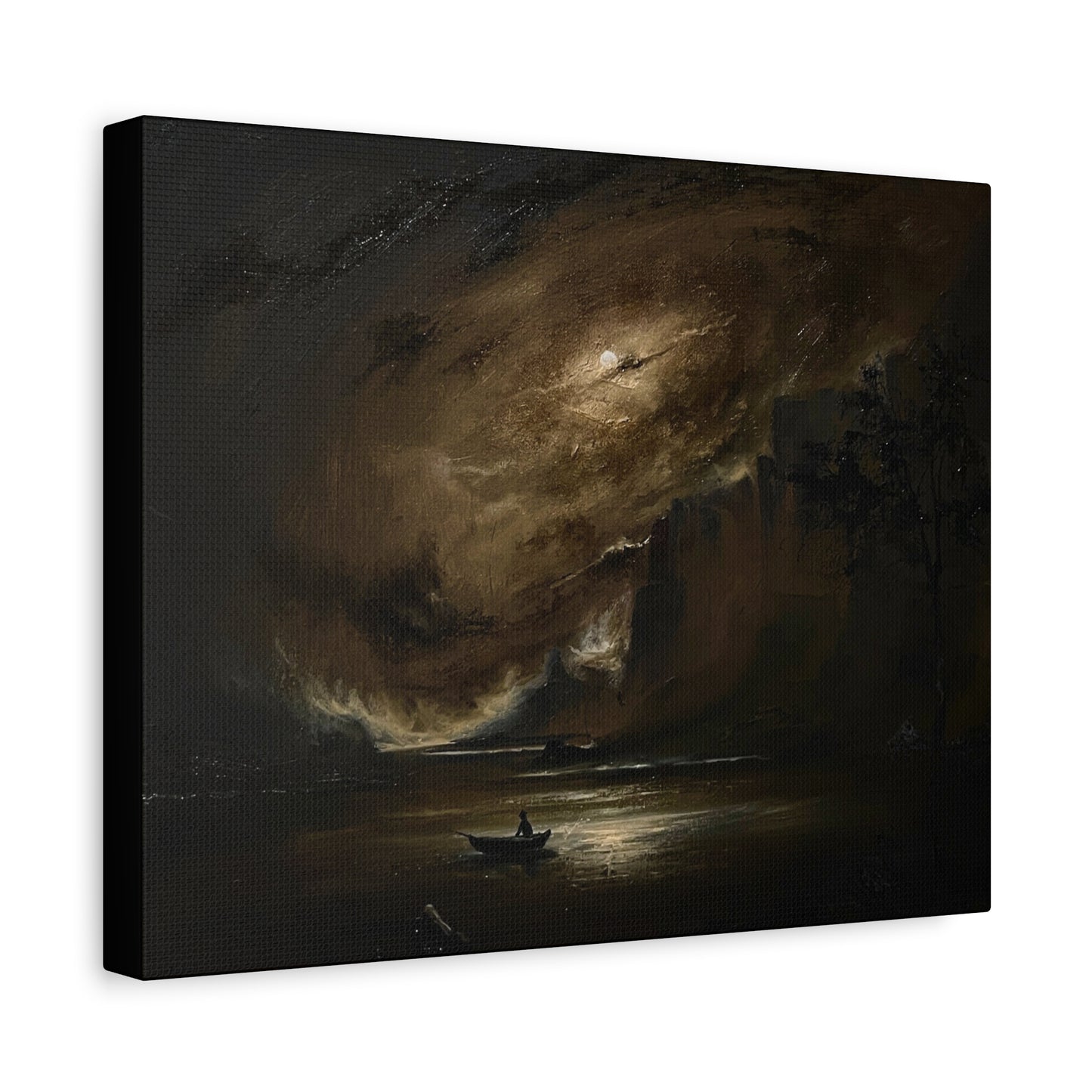 Moody Seascape Matte Canvas Print — Lone Boat Under Stormy Sky