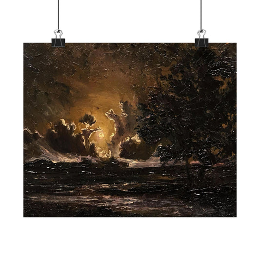 Moody Moonlit Landscape - Paper Print Oil Painting on Canvas. Dark Academia decor wall art. Victorian decor art