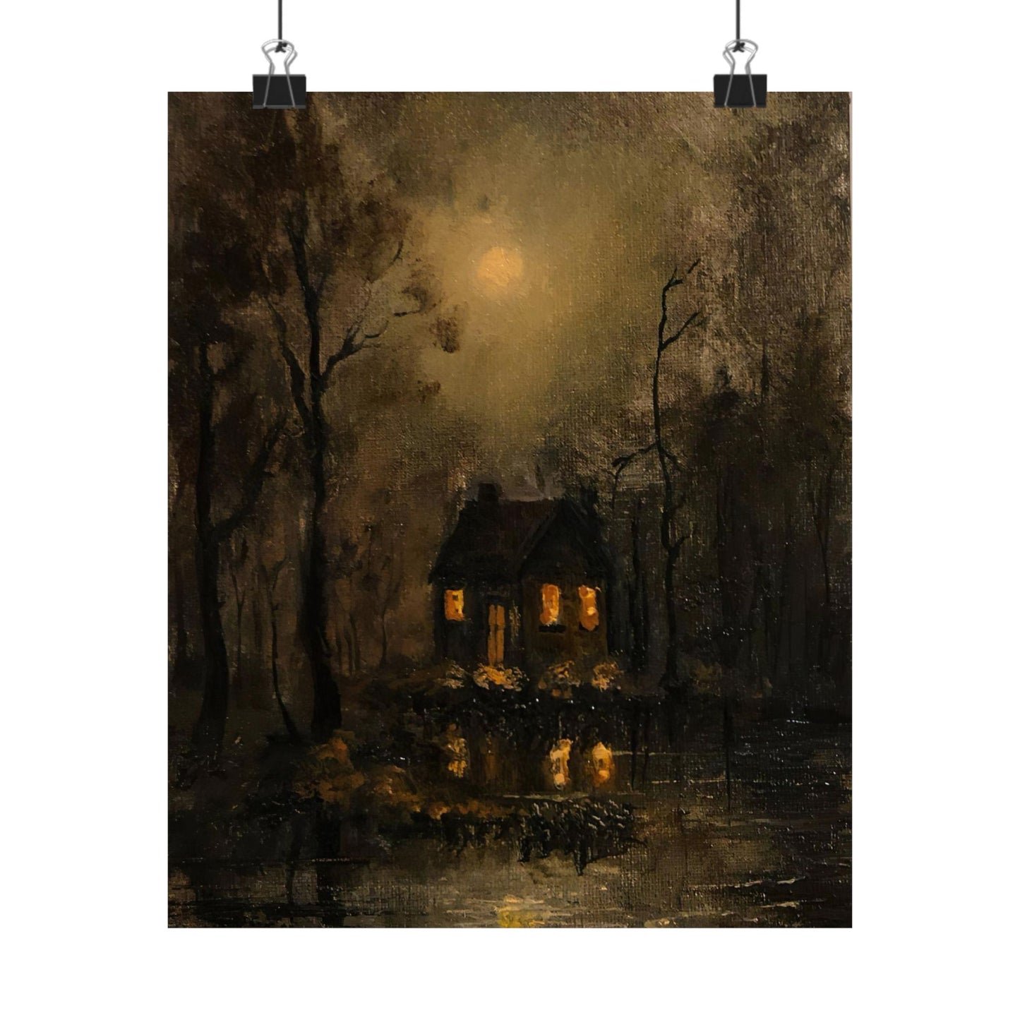 Mystery Moonlit House in Dark Forest - Paper Print | Macabre Aesthetic | Dark Academia Wall Art | Victorian Goth Decor