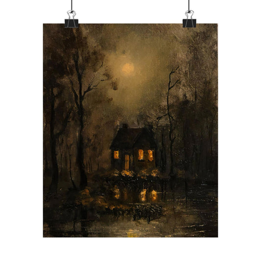Mystery Moonlit House in Dark Forest - Paper Print | Macabre Aesthetic | Dark Academia Wall Art | Victorian Goth Decor