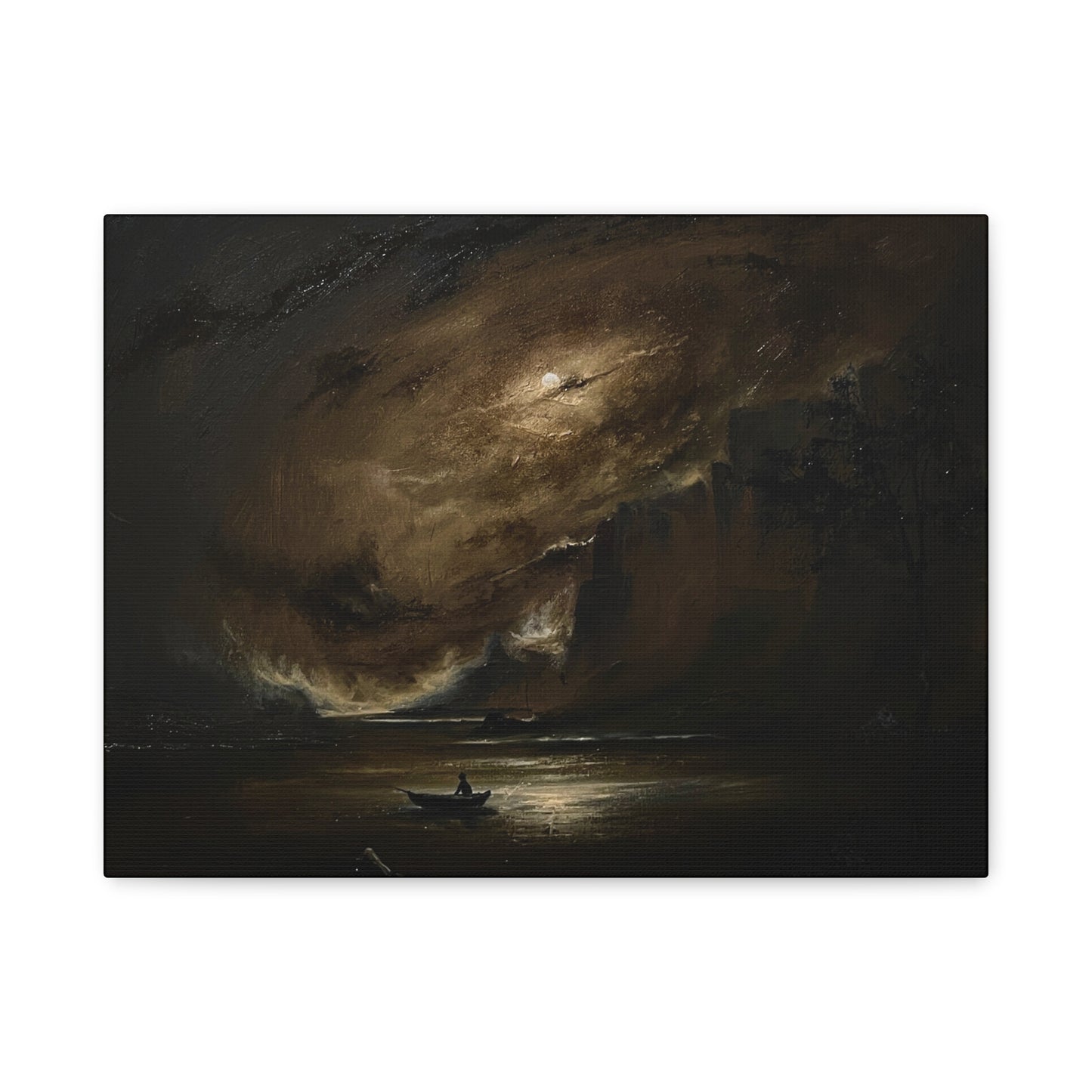 Moody Seascape Matte Canvas Print — Lone Boat Under Stormy Sky