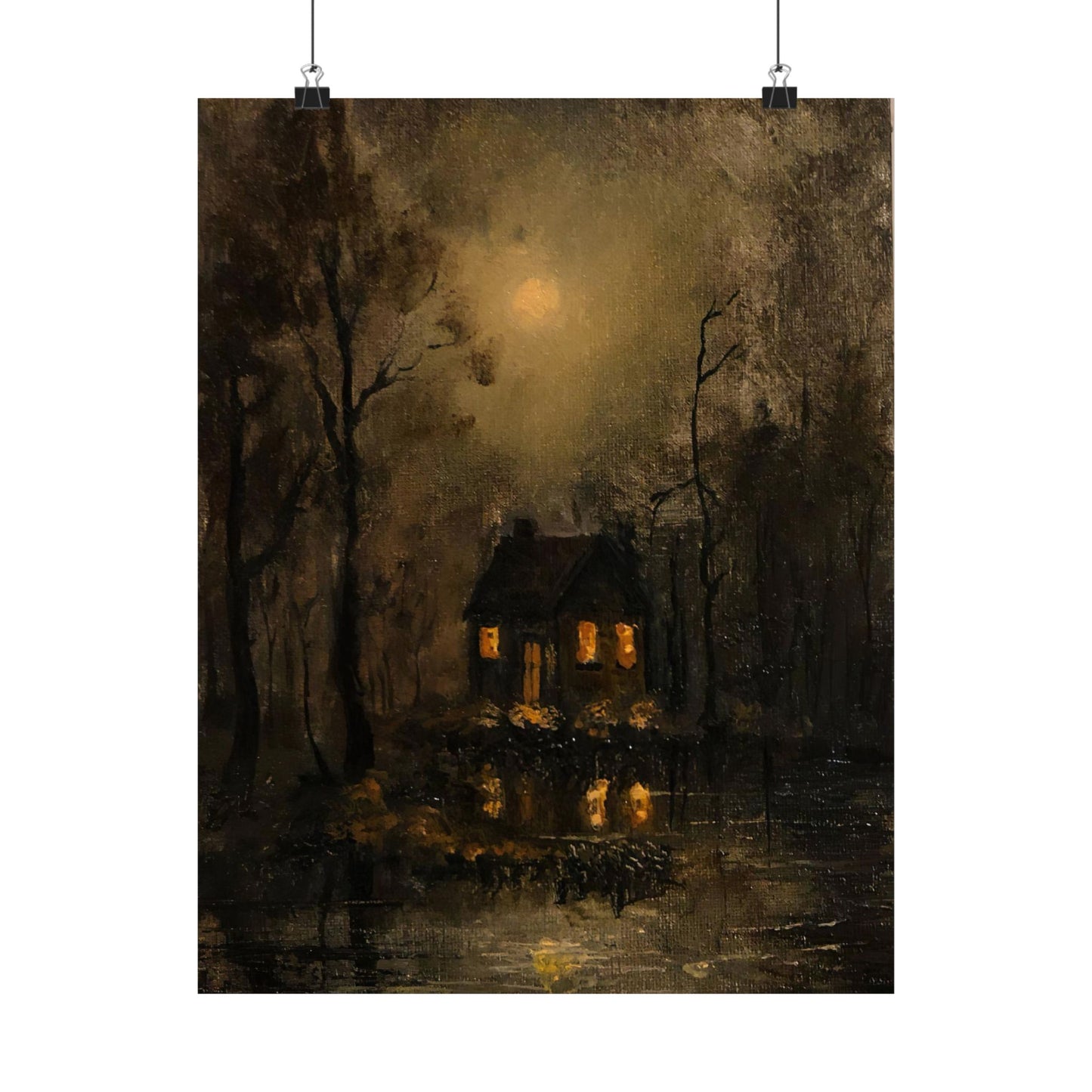 Mystery Moonlit House in Dark Forest - Paper Print | Macabre Aesthetic | Dark Academia Wall Art | Victorian Goth Decor