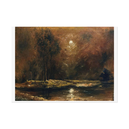 Dark Moody Landscape - Paper Print oil painting. Moonlit Night Landscape Dark Academia decor wall art. Tonalism painting