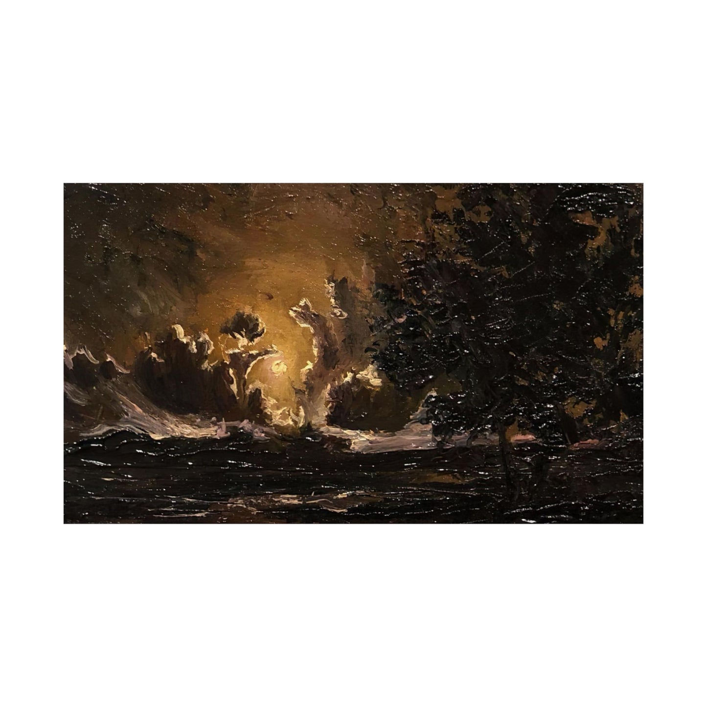 Moody Moonlit Landscape - Paper Print Oil Painting on Canvas. Dark Academia decor wall art. Victorian decor art