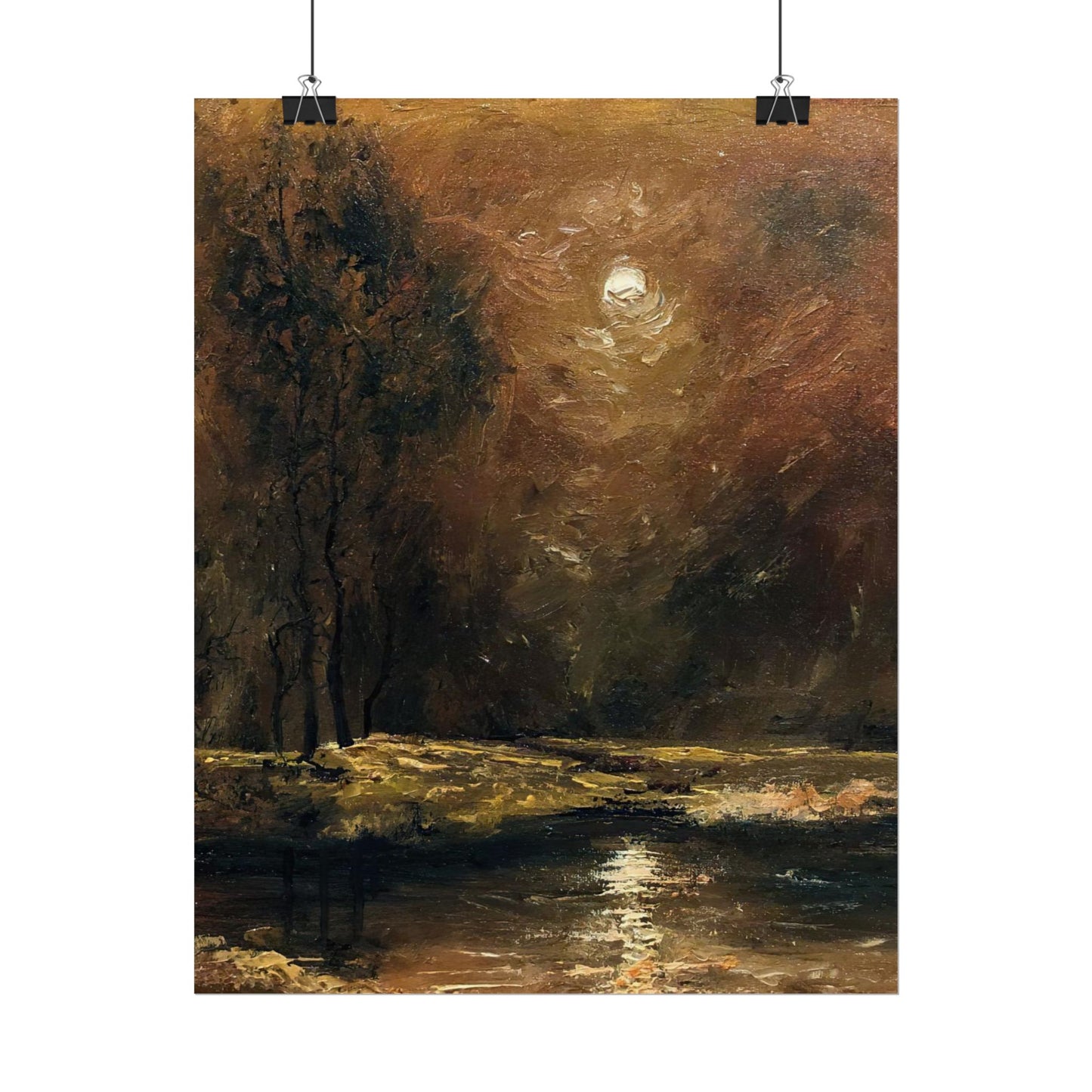 Dark Moody Landscape - Paper Print oil painting. Moonlit Night Landscape Dark Academia decor wall art. Tonalism painting