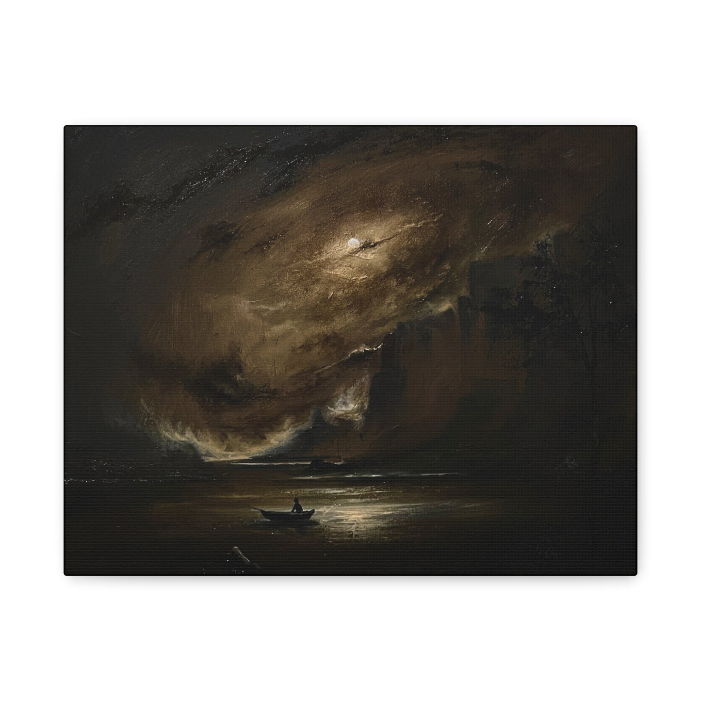 Moody Seascape Matte Canvas Print — Lone Boat Under Stormy Sky