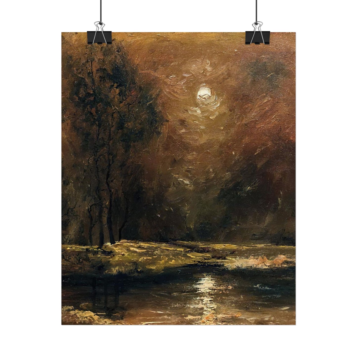 Dark Moody Landscape - Paper Print oil painting. Moonlit Night Landscape Dark Academia decor wall art. Tonalism painting