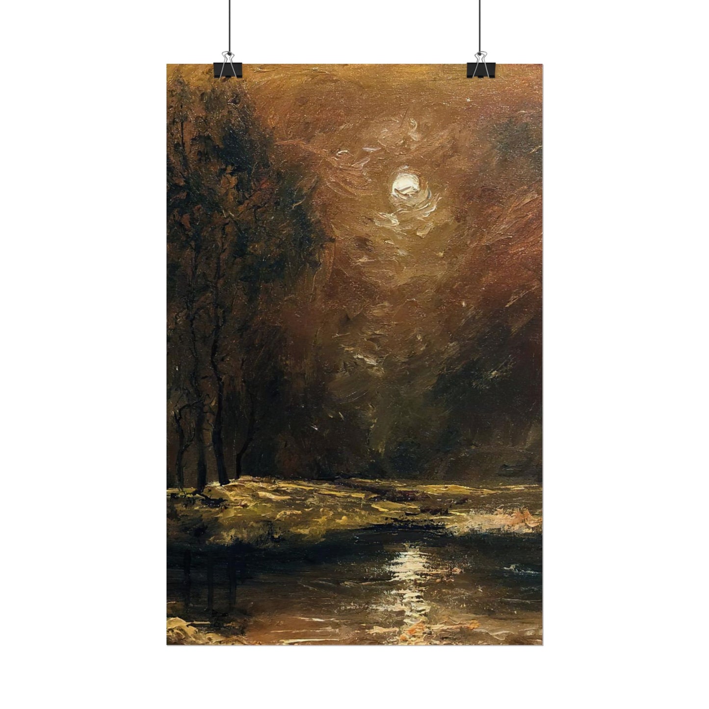 Dark Moody Landscape - Paper Print oil painting. Moonlit Night Landscape Dark Academia decor wall art. Tonalism painting