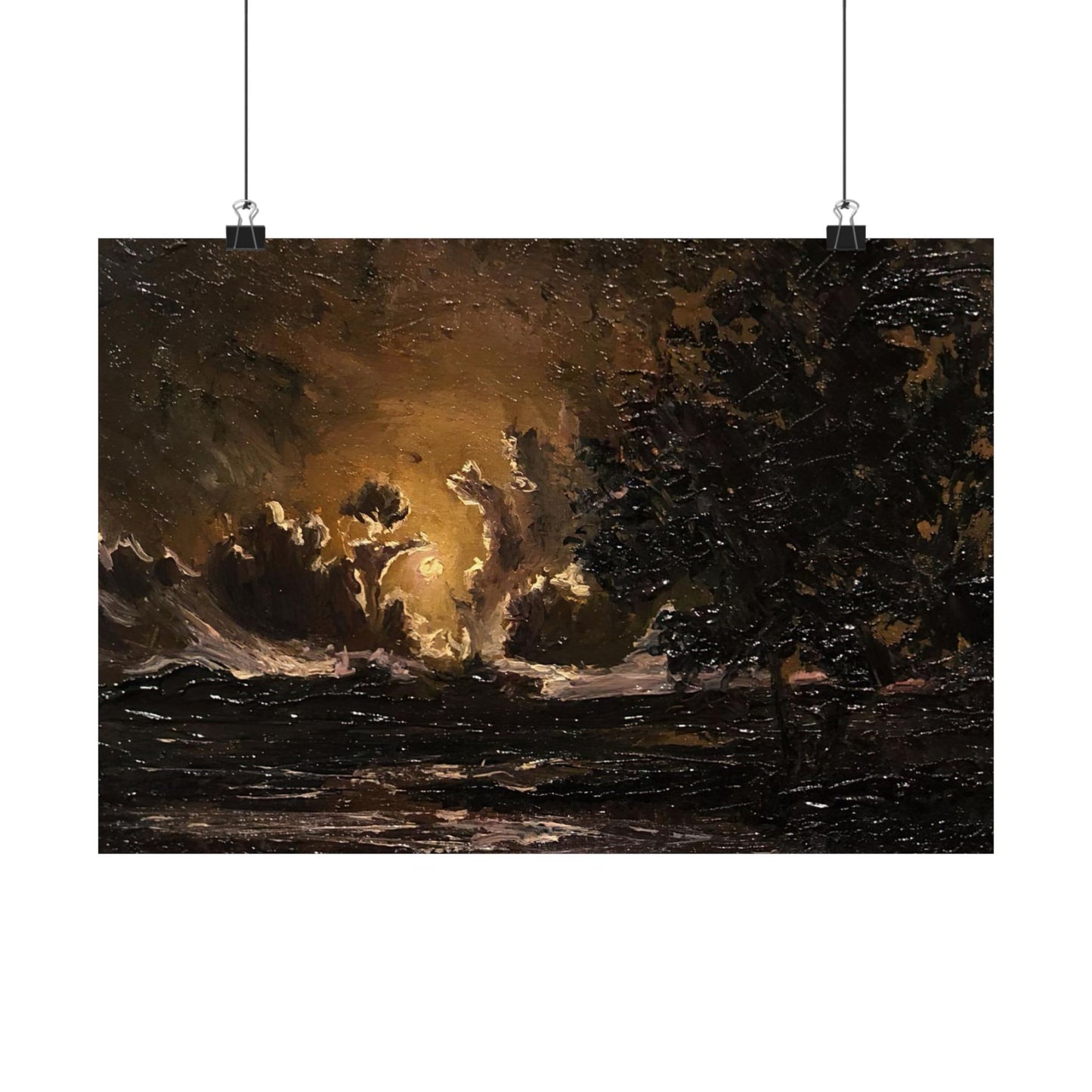 Moody Moonlit Landscape - Paper Print Oil Painting on Canvas. Dark Academia decor wall art. Victorian decor art