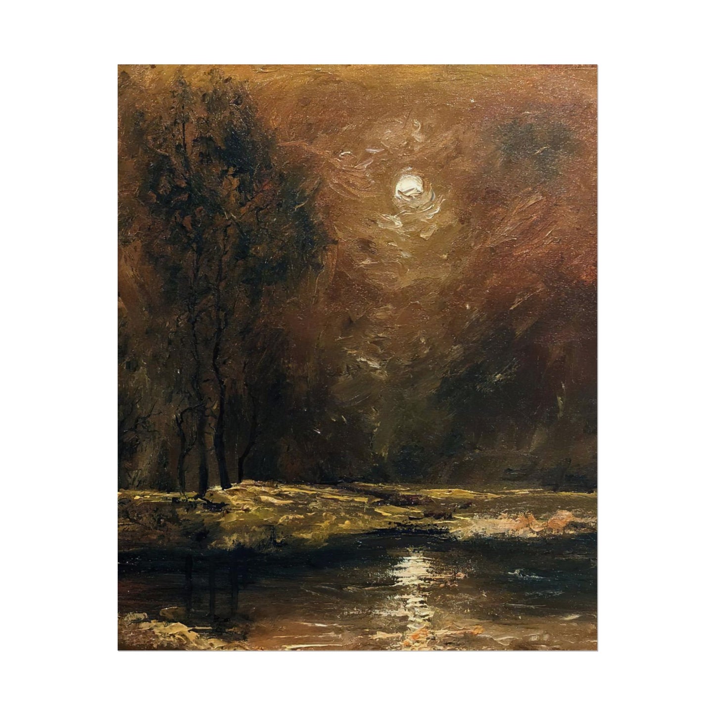 Dark Moody Landscape - Paper Print oil painting. Moonlit Night Landscape Dark Academia decor wall art. Tonalism painting