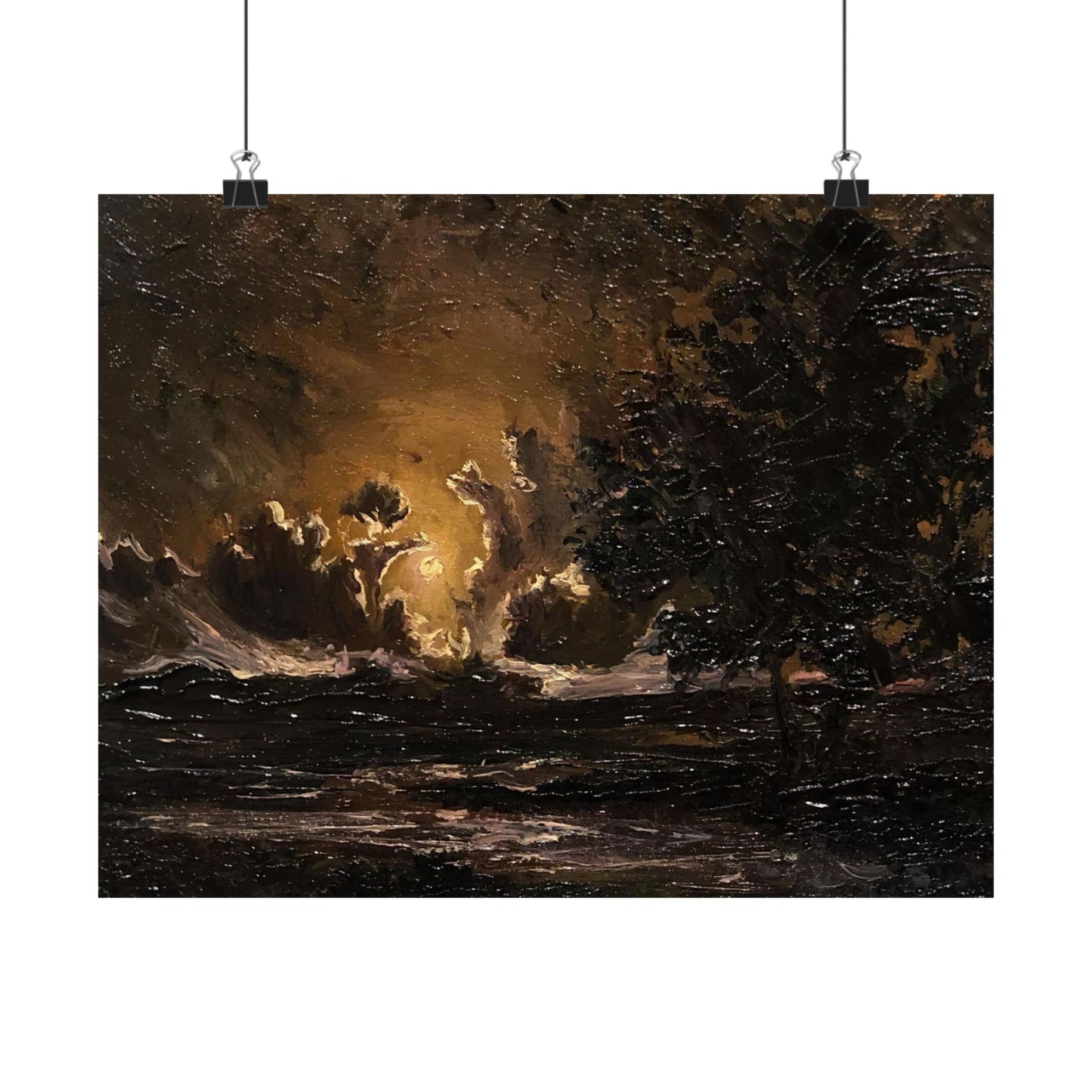 Moody Moonlit Landscape - Paper Print Oil Painting on Canvas. Dark Academia decor wall art. Victorian decor art