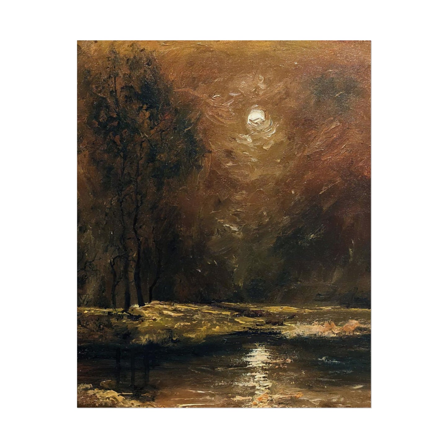Dark Moody Landscape - Paper Print oil painting. Moonlit Night Landscape Dark Academia decor wall art. Tonalism painting