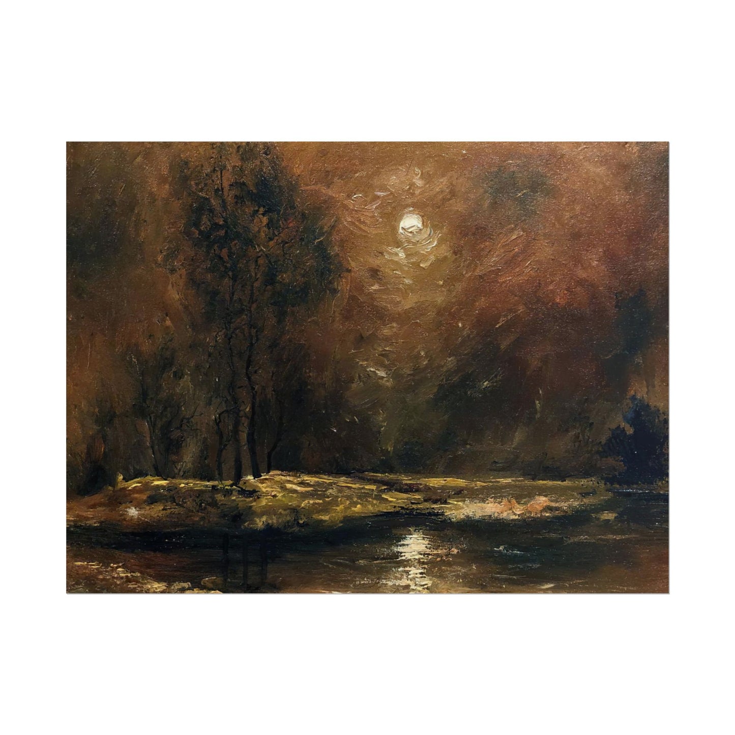 Dark Moody Landscape - Paper Print oil painting. Moonlit Night Landscape Dark Academia decor wall art. Tonalism painting