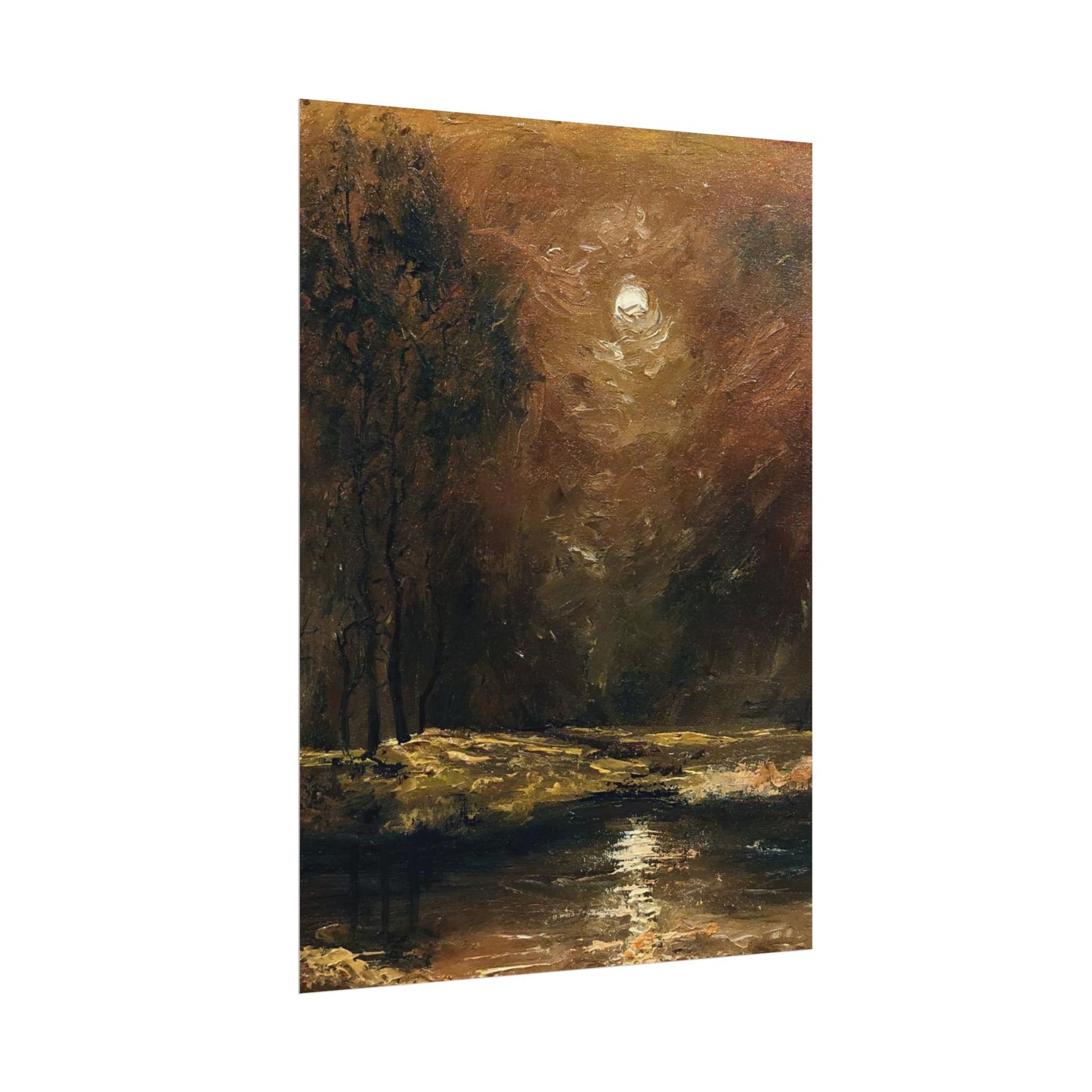Dark Moody Landscape - Paper Print oil painting. Moonlit Night Landscape Dark Academia decor wall art. Tonalism painting