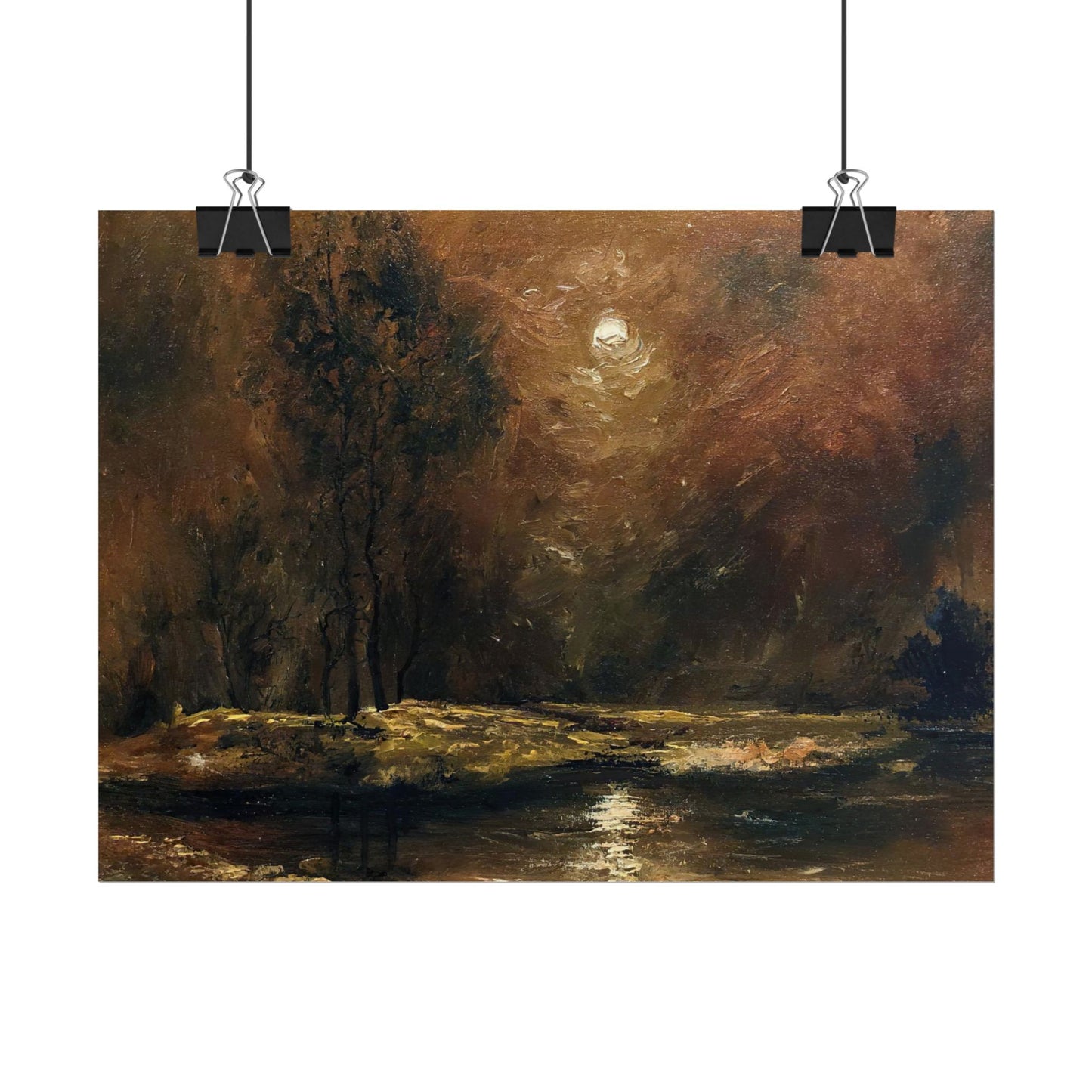 Dark Moody Landscape - Paper Print oil painting. Moonlit Night Landscape Dark Academia decor wall art. Tonalism painting