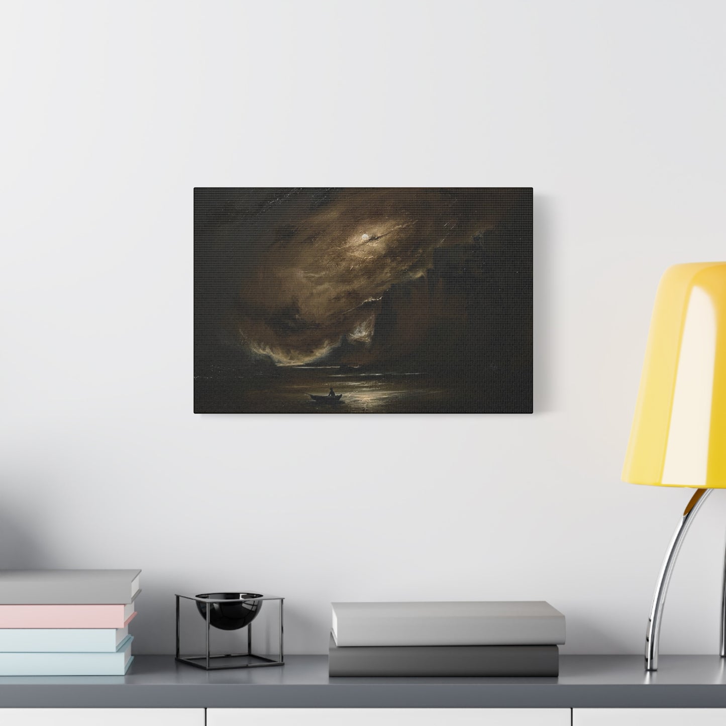 Moody Seascape Matte Canvas Print — Lone Boat Under Stormy Sky