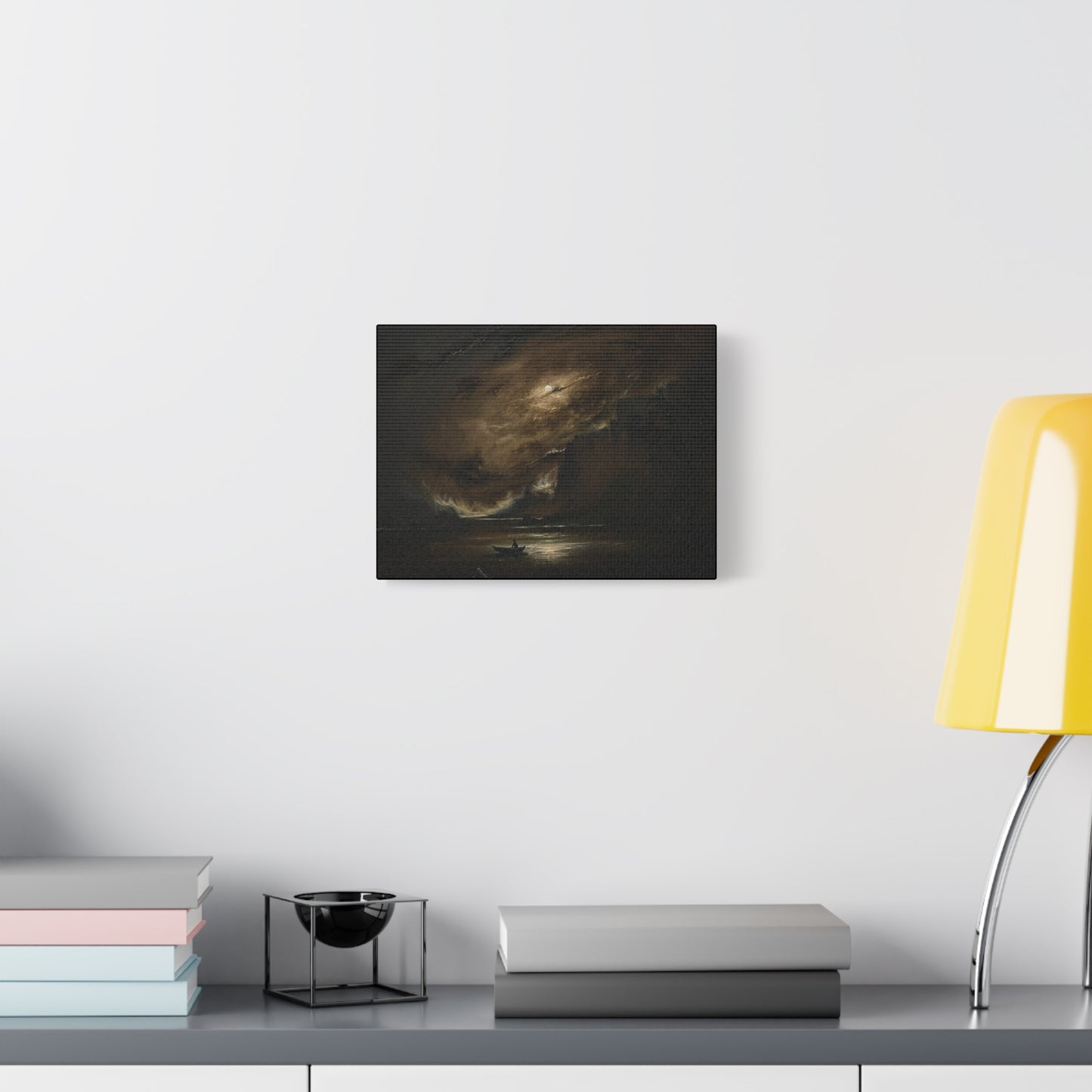 Moody Seascape Matte Canvas Print — Lone Boat Under Stormy Sky