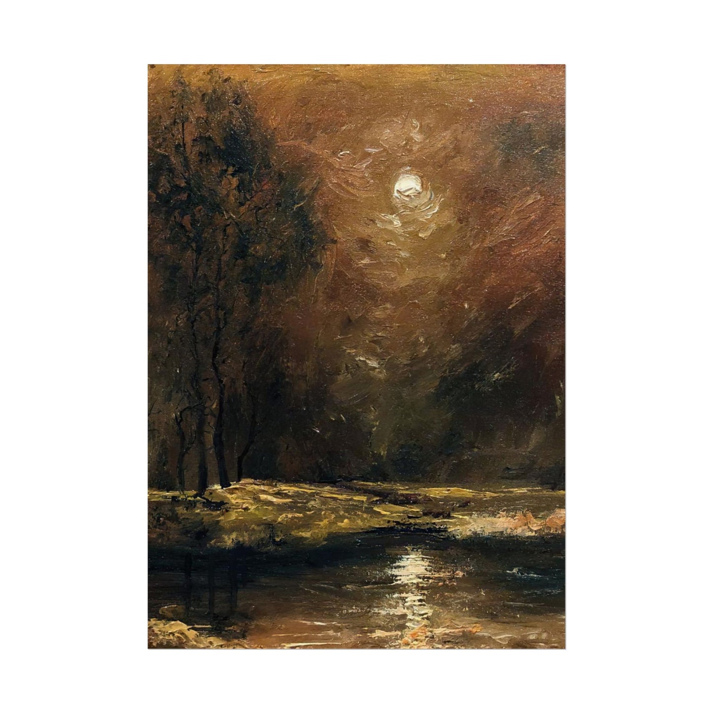 Dark Moody Landscape - Paper Print oil painting. Moonlit Night Landscape Dark Academia decor wall art. Tonalism painting