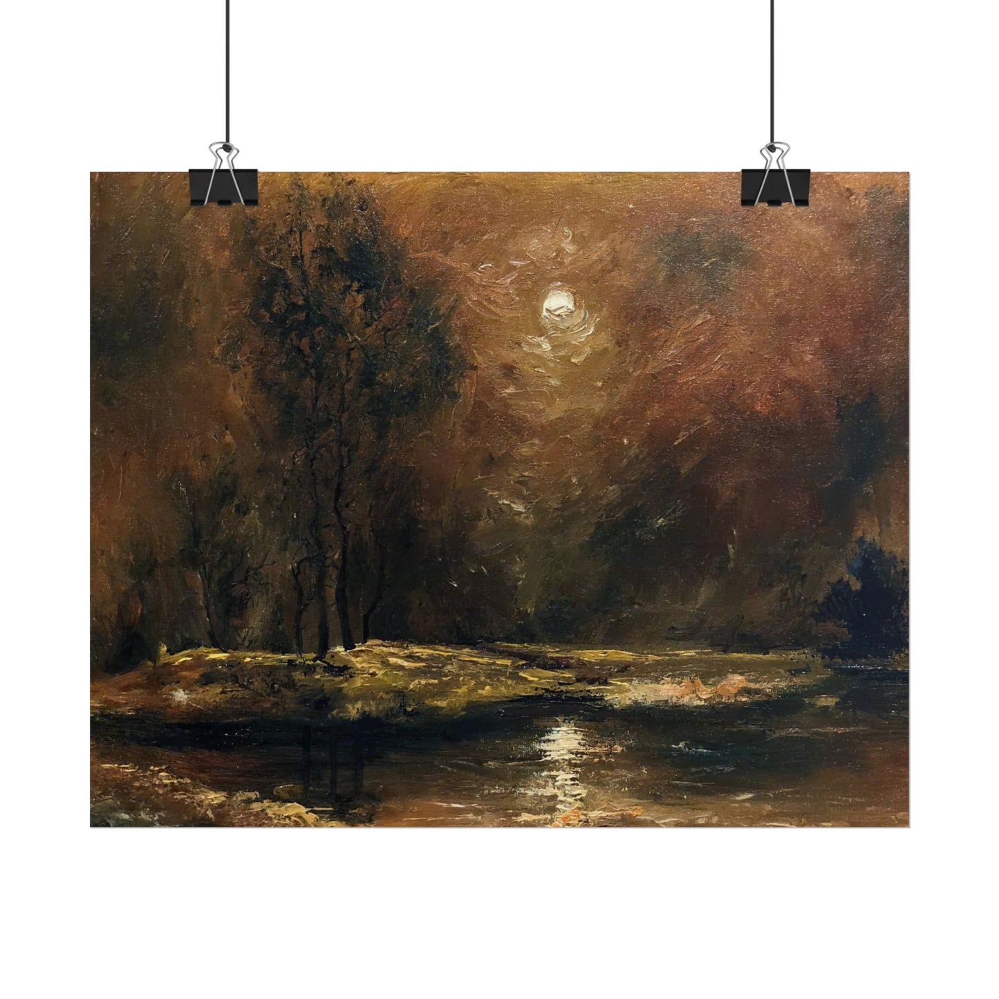 Dark Moody Landscape - Paper Print oil painting. Moonlit Night Landscape Dark Academia decor wall art. Tonalism painting