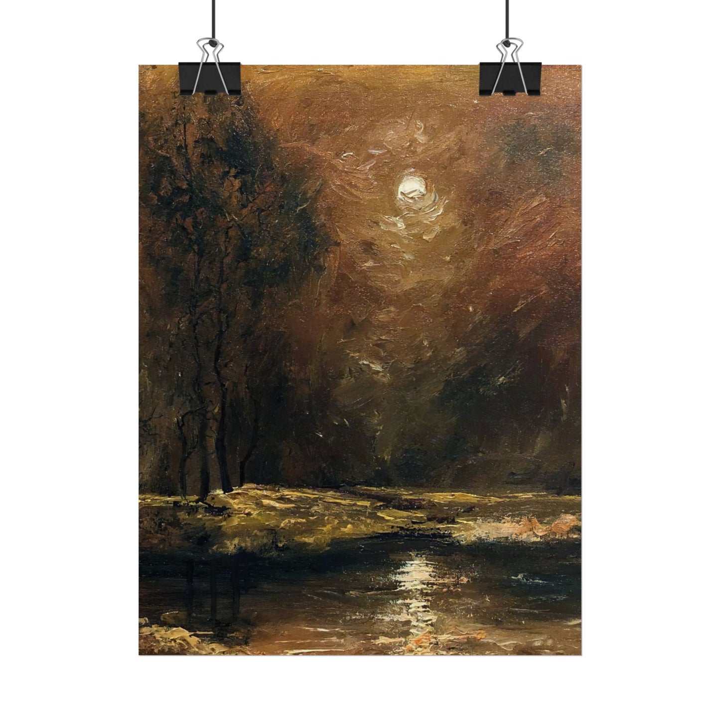 Dark Moody Landscape - Paper Print oil painting. Moonlit Night Landscape Dark Academia decor wall art. Tonalism painting