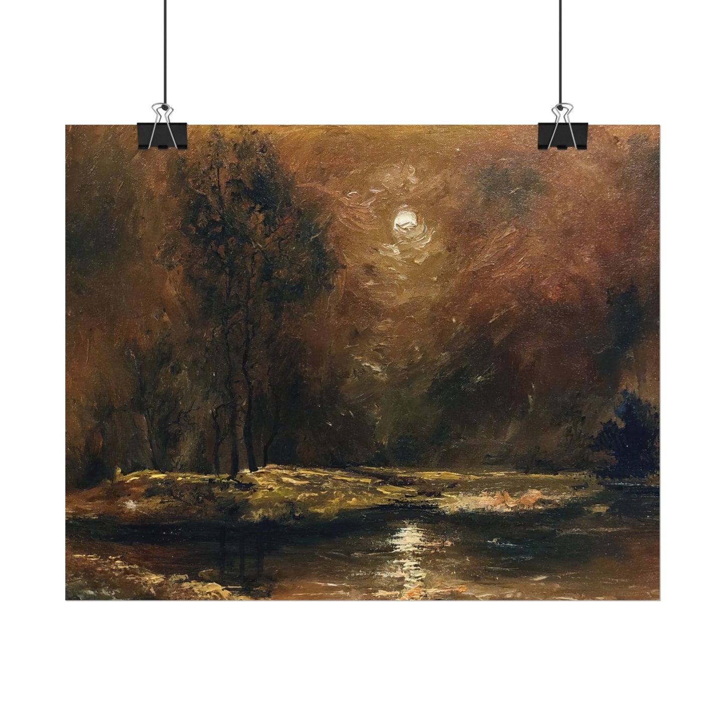 Dark Moody Landscape - Paper Print oil painting. Moonlit Night Landscape Dark Academia decor wall art. Tonalism painting