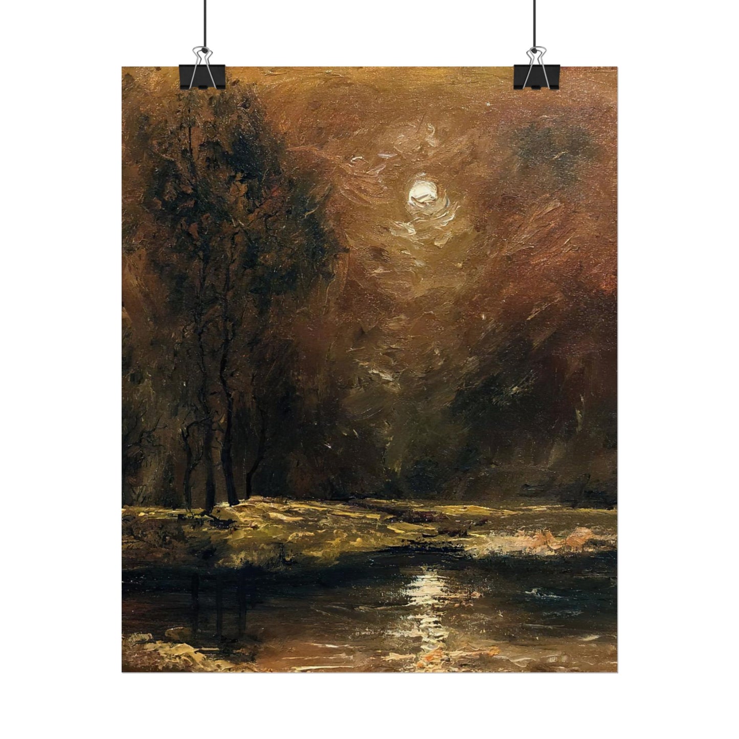 Dark Moody Landscape - Paper Print oil painting. Moonlit Night Landscape Dark Academia decor wall art. Tonalism painting