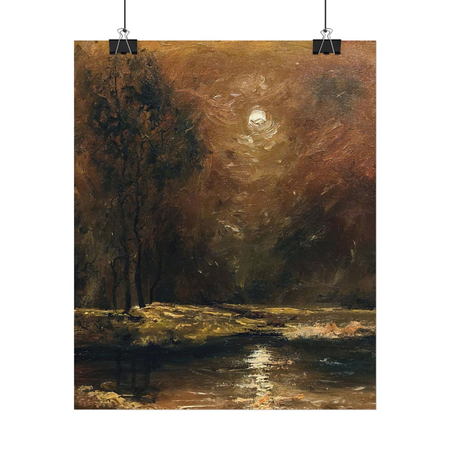Dark Moody Landscape - Paper Print oil painting. Moonlit Night Landscape Dark Academia decor wall art. Tonalism painting