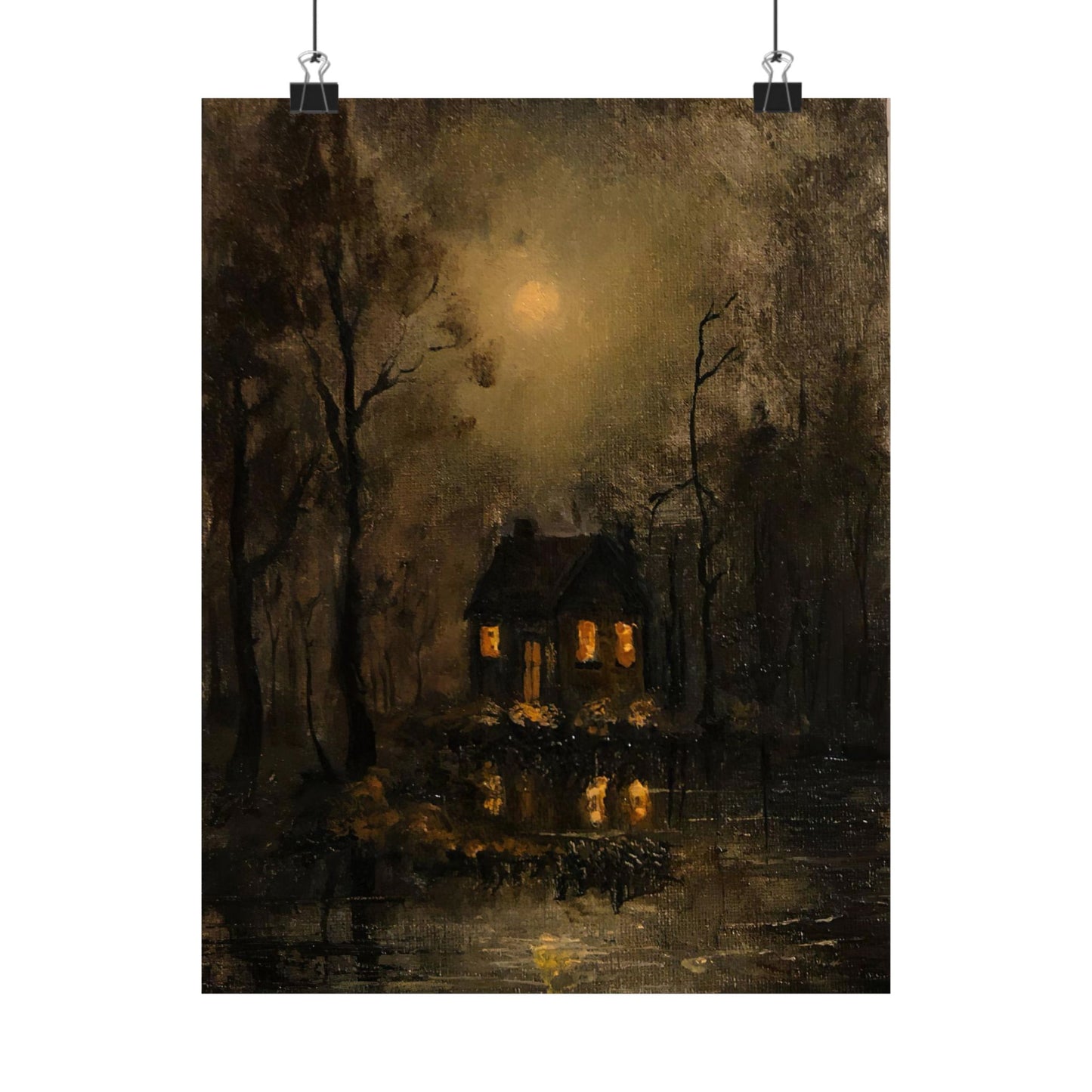 Mystery Moonlit House in Dark Forest - Paper Print | Macabre Aesthetic | Dark Academia Wall Art | Victorian Goth Decor
