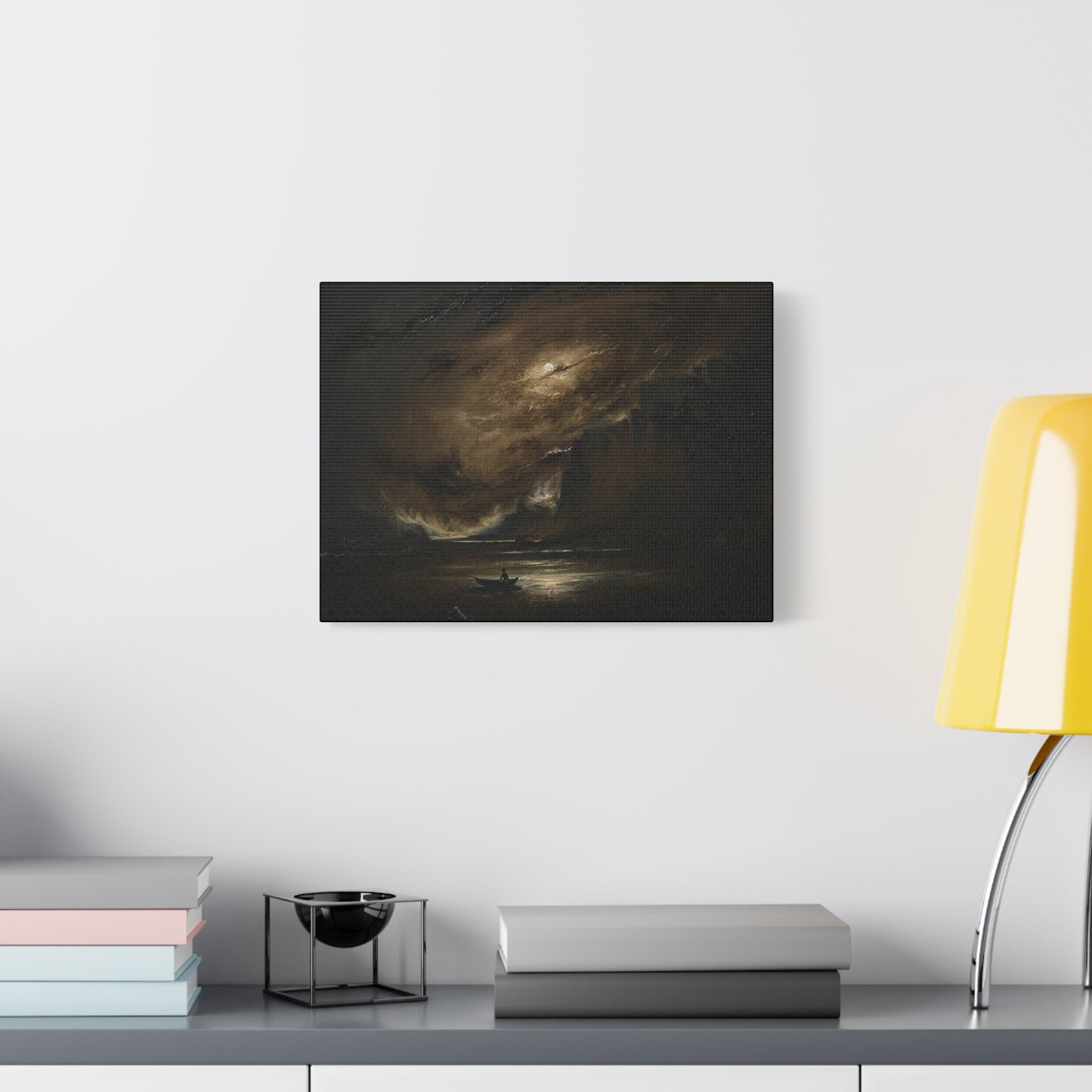 Moody Seascape Matte Canvas Print — Lone Boat Under Stormy Sky