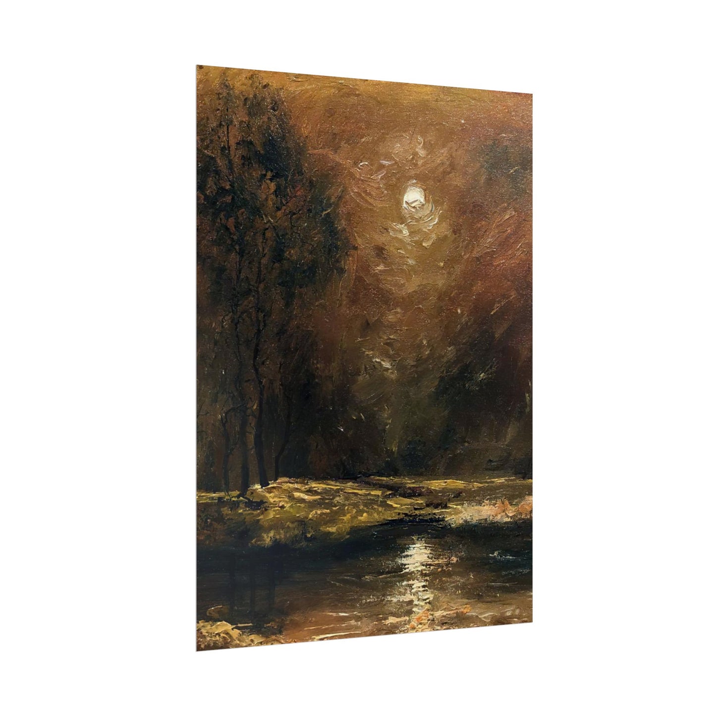 Dark Moody Landscape - Paper Print oil painting. Moonlit Night Landscape Dark Academia decor wall art. Tonalism painting