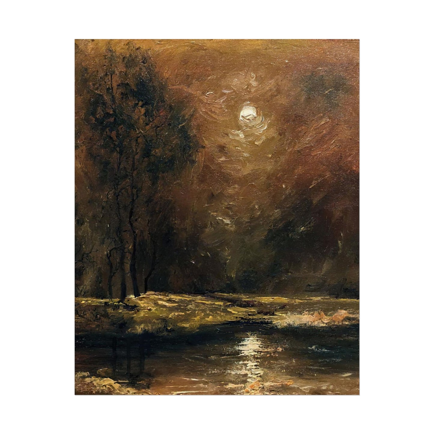 Dark Moody Landscape - Paper Print oil painting. Moonlit Night Landscape Dark Academia decor wall art. Tonalism painting